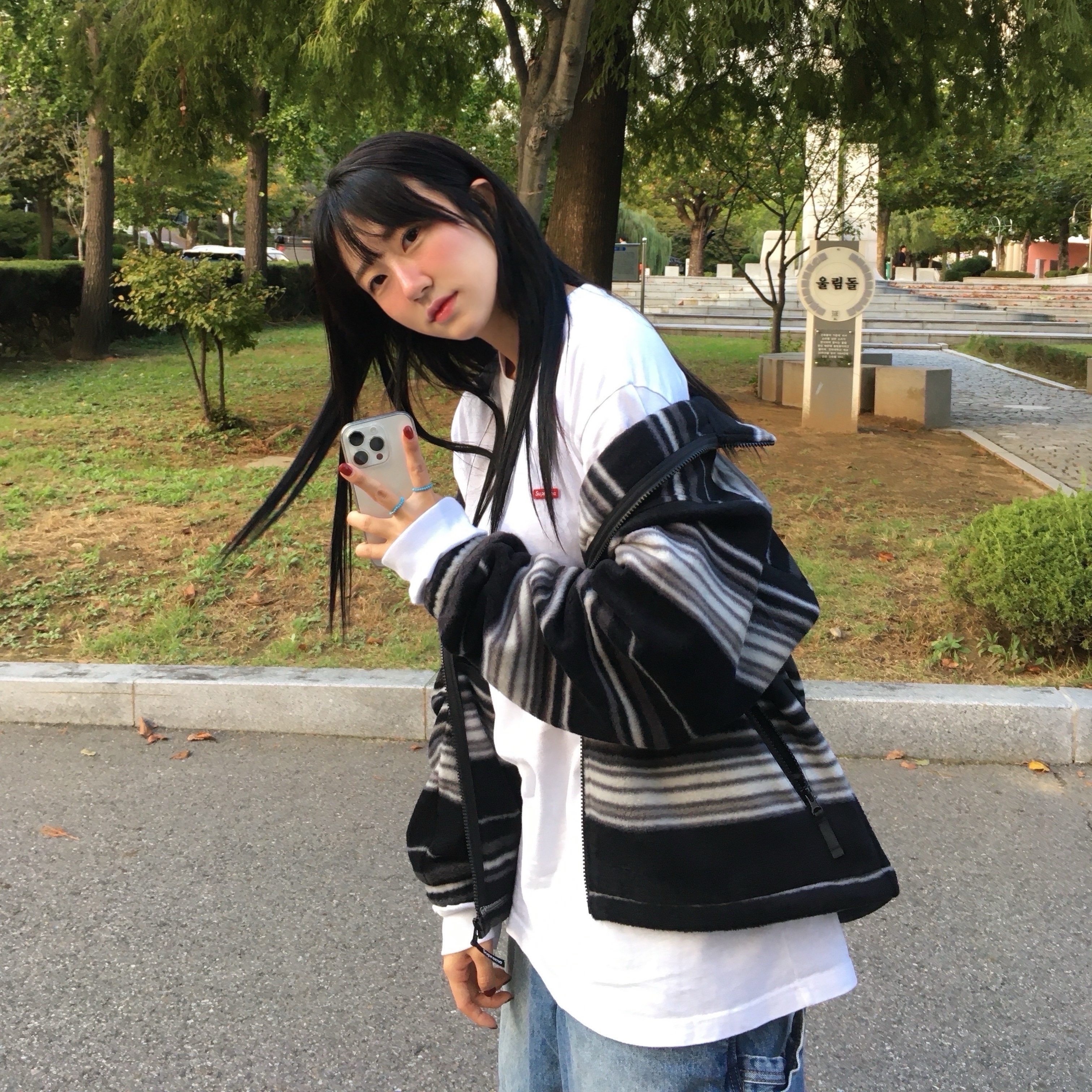 Supreme Stripe Zip Up Fleece Jacket Black - 24FW, Supreme Small Box L/S T-Shirt White - 24FW 착용 스타일 - 1