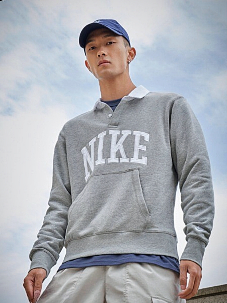 Nike Club Fleece Long Sleeve Fleece Polo Dark Grey Heather - Asia, Nike Club Fleece Long Sleeve Fleece Polo Midnight Navy - Asia 착용 스타일