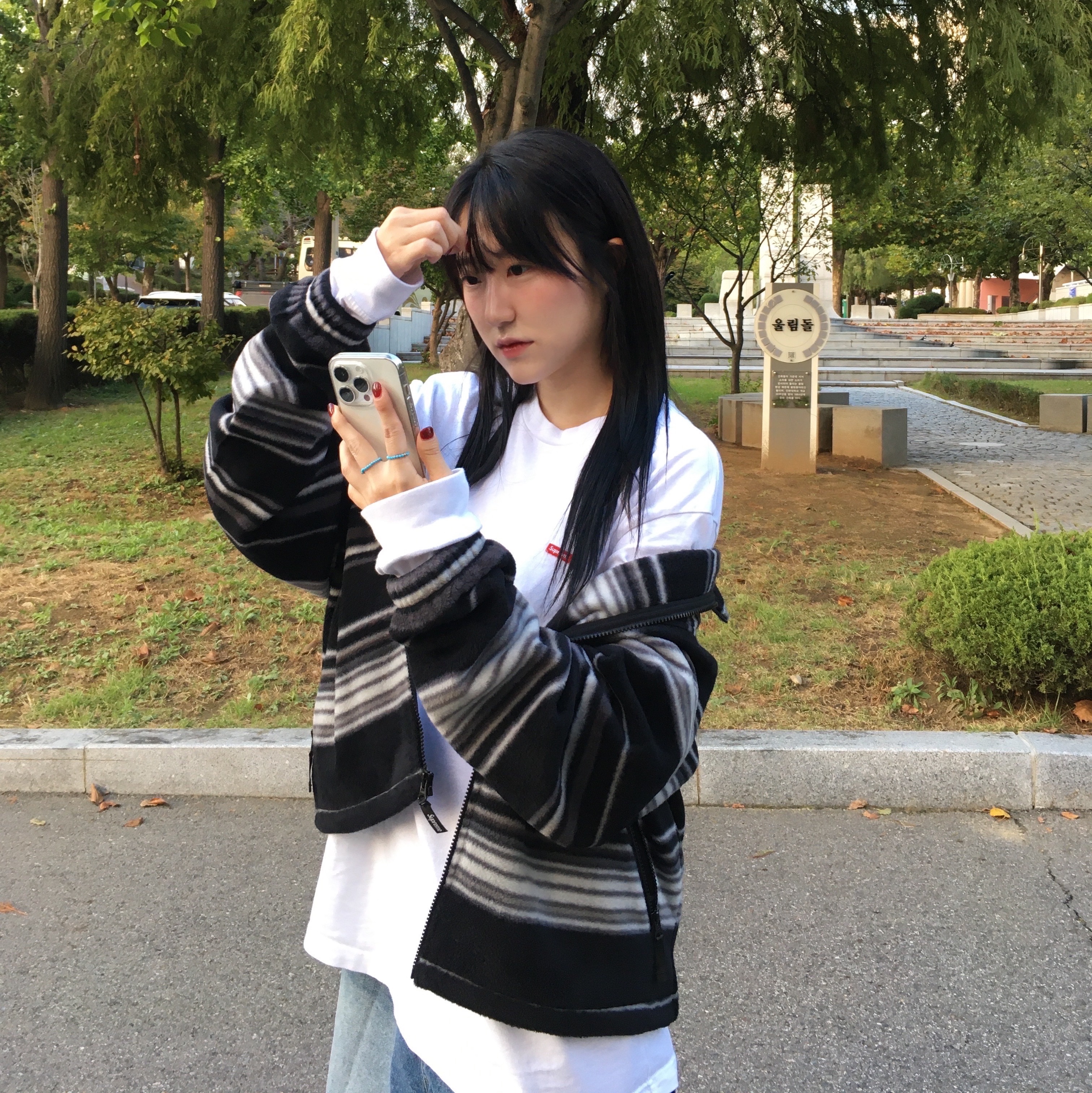 Supreme Stripe Zip Up Fleece Jacket Black - 24FW, Supreme Small Box L/S T-Shirt White - 24FW 착용 스타일 - 2