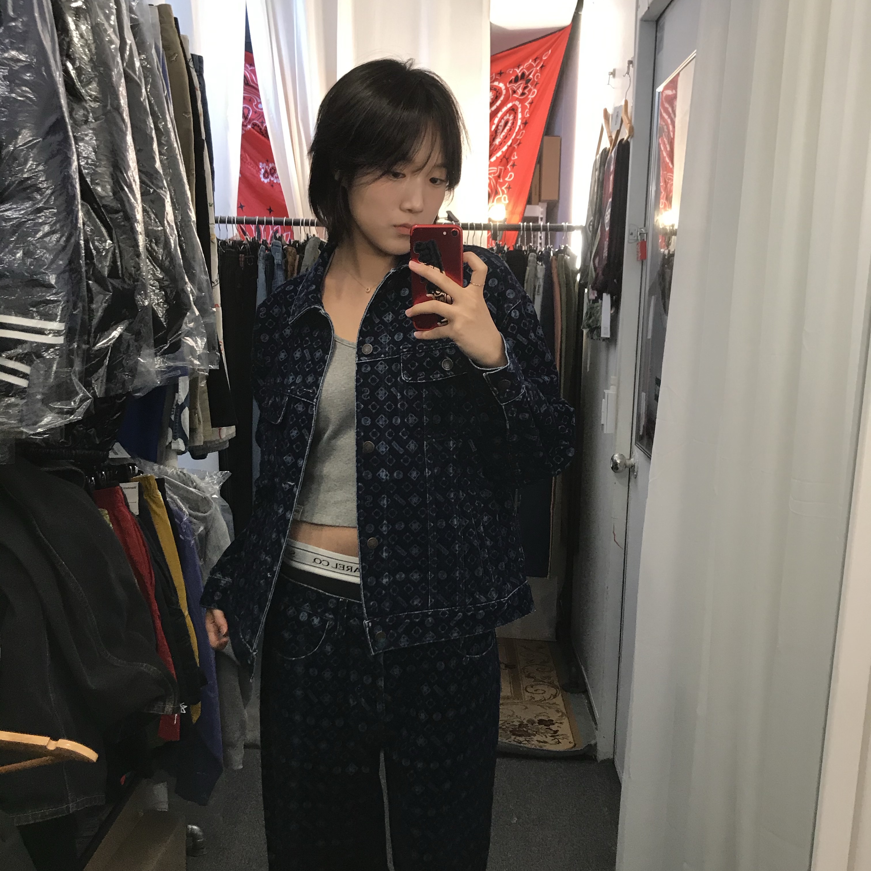 Supreme Flocked Denim Trucker Jacket Blue - 24FW, (W) Nike x Jacquemus Long Sleeve Ribbed Polo Pearl White - Asia 착용 스타일 - 2