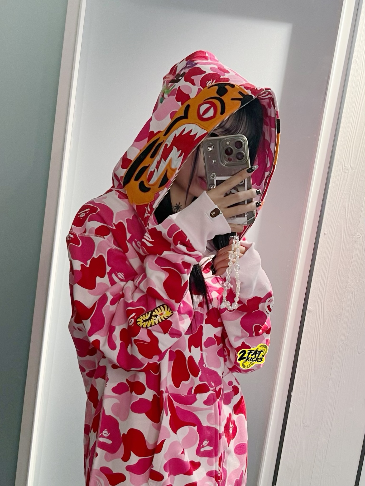 BAPE ABC Camo Tiger Full Zip Hoodie Army Green, BAPE ABC Camo Tiger Full Zip Hoodie Pink 착용 스타일 - 6