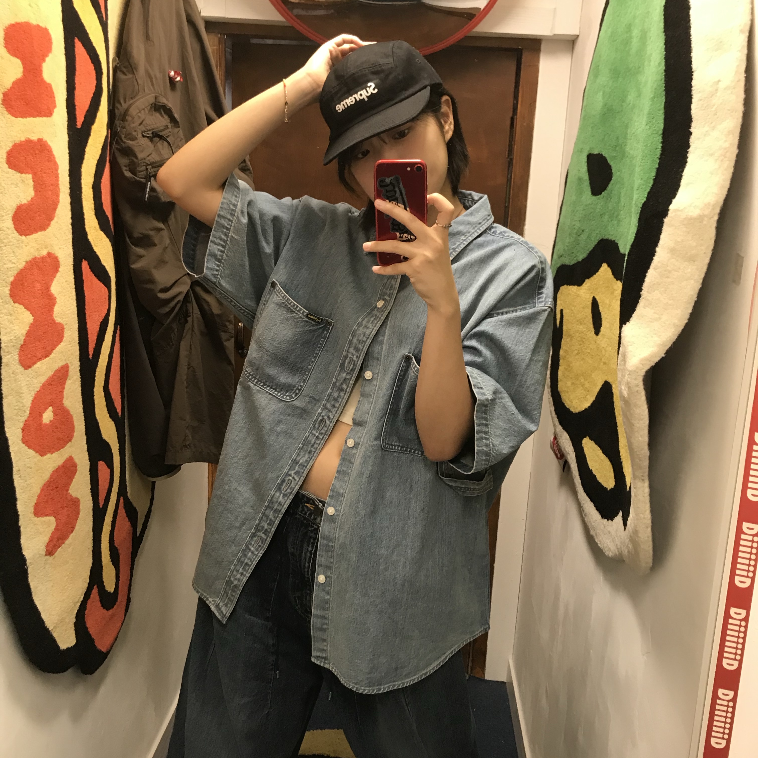 Supreme Flocked Denim Trucker Jacket Blue - 24FW, (W) Nike x Jacquemus Long Sleeve Ribbed Polo Pearl White - Asia 착용 스타일 - 5