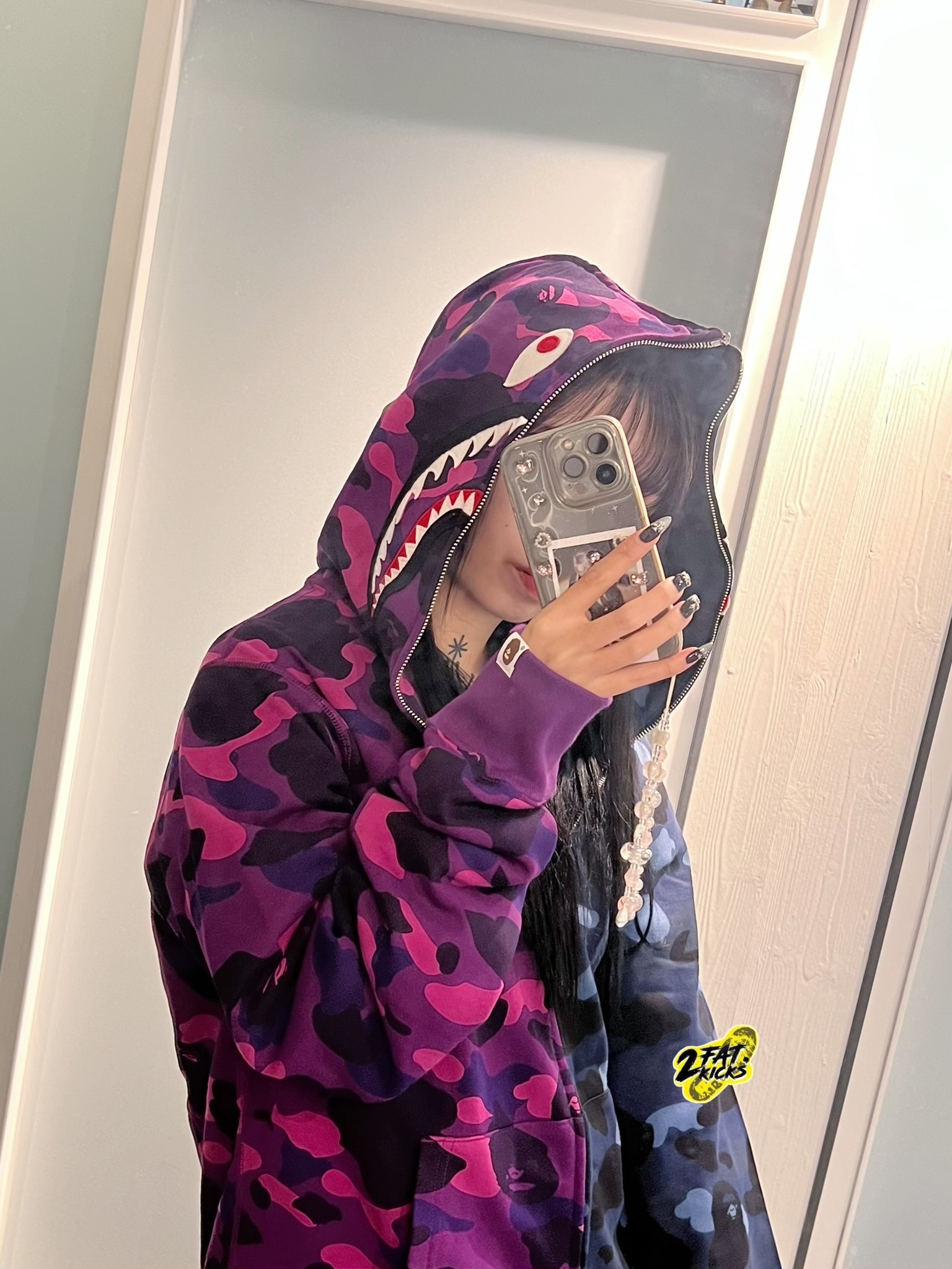 BAPE Color Camo Separate Shark Full Zip Hoodie Black Navy, BAPE Color Camo Separate Shark Full Zip Hoodie Navy Puple 착용 스타일 - 4