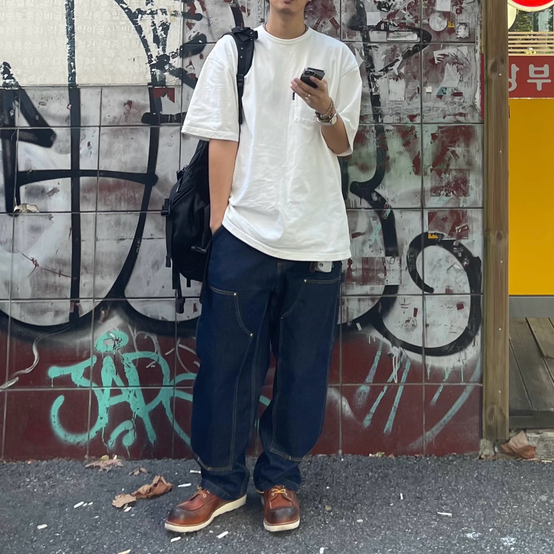 Carhartt WIP Nash Loose Fit Double Knee Pants Blue Rinsed 착용 스타일