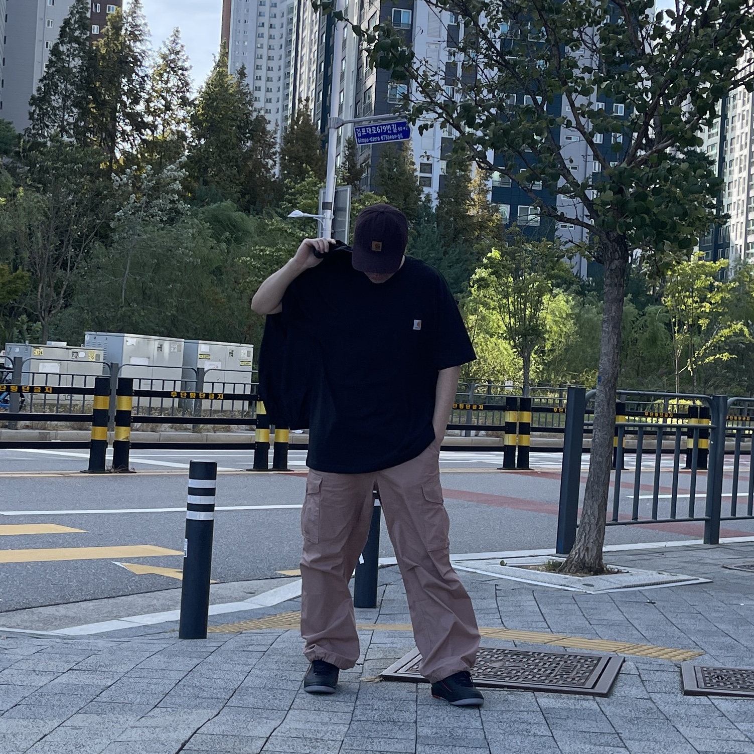 Carhartt Canvas Cap Blackberry, Carhartt Loose Fit Heavyweight Regular Short Sleeve Pocket T-Shirt Black 착용 스타일