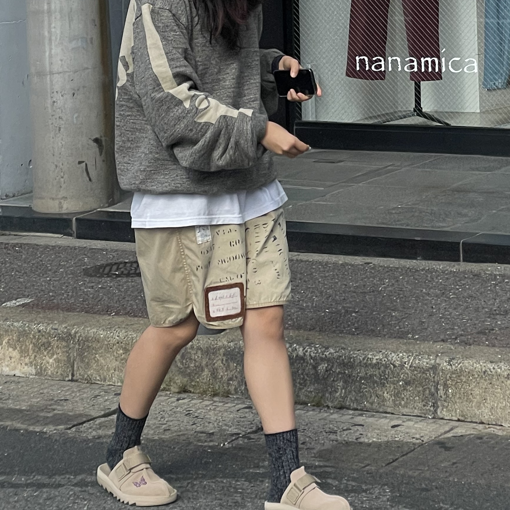 Reebok x Needles Beatnik Beige, Kapital Fleece Big Crewneck Sweat Heather Charcoal 착용 스타일 - 1