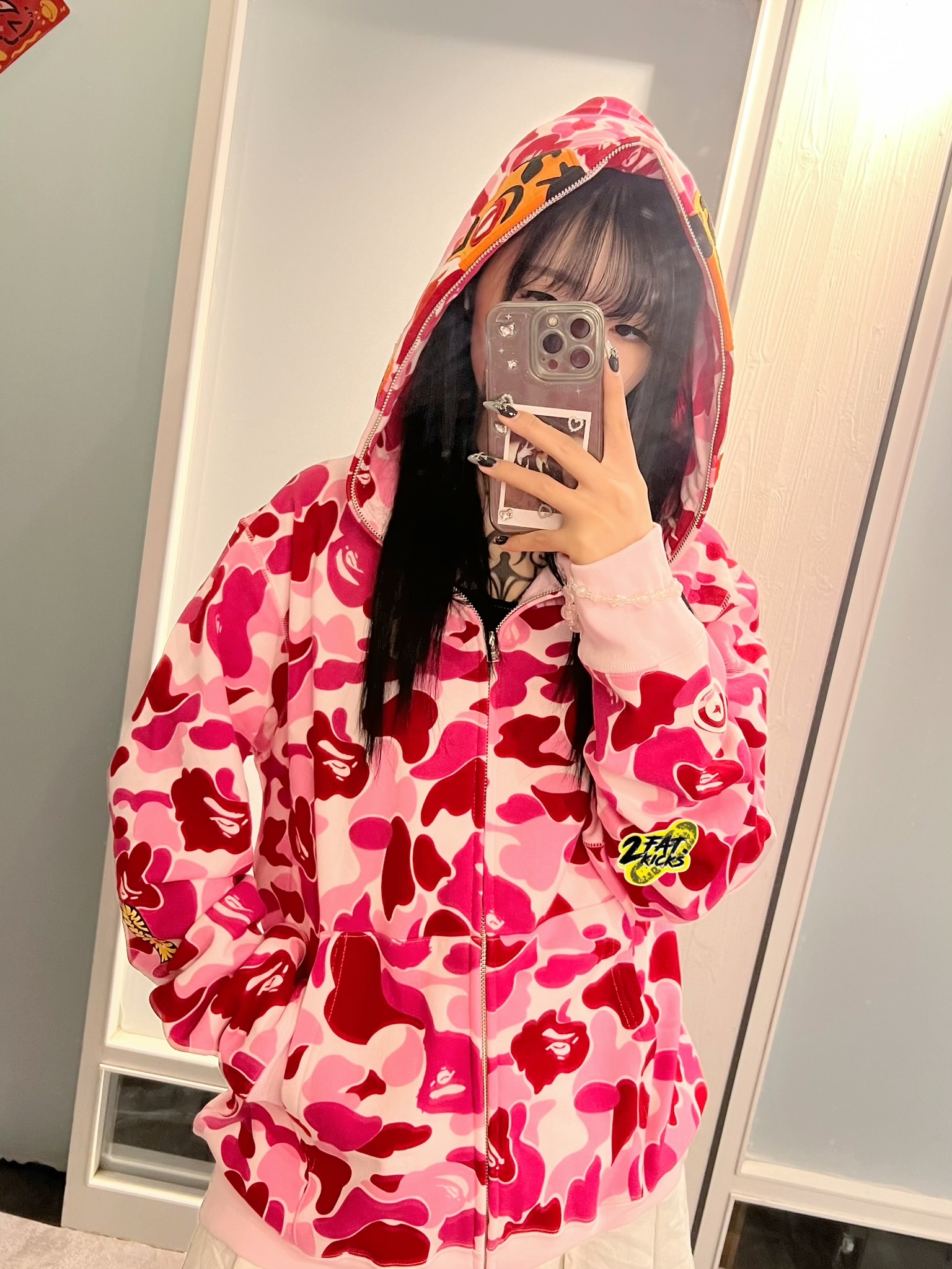 BAPE ABC Camo Tiger Full Zip Hoodie Army Green, BAPE ABC Camo Tiger Full Zip Hoodie Pink 착용 스타일 - 3