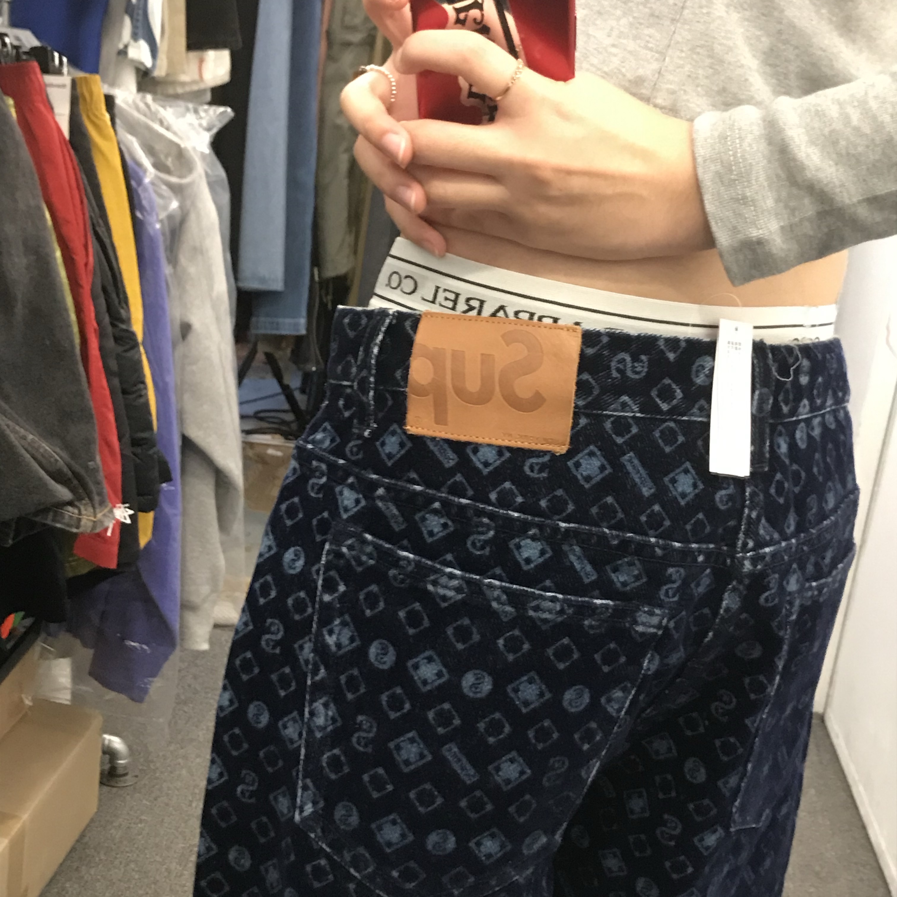 Supreme Flocked Denim Trucker Jacket Blue - 24FW, (W) Nike x Jacquemus Long Sleeve Ribbed Polo Pearl White - Asia 착용 스타일 - 1