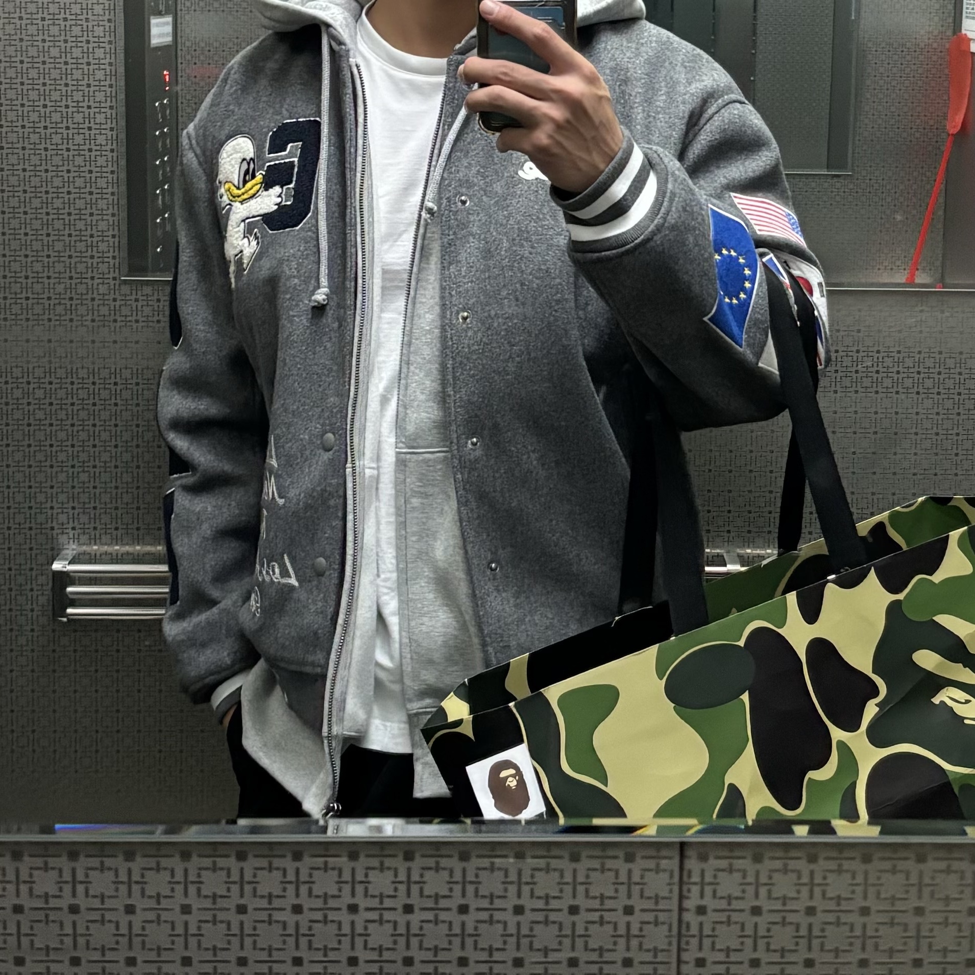 Palace x Gap Varsity Jacket Grey - 24SS 착용 스타일