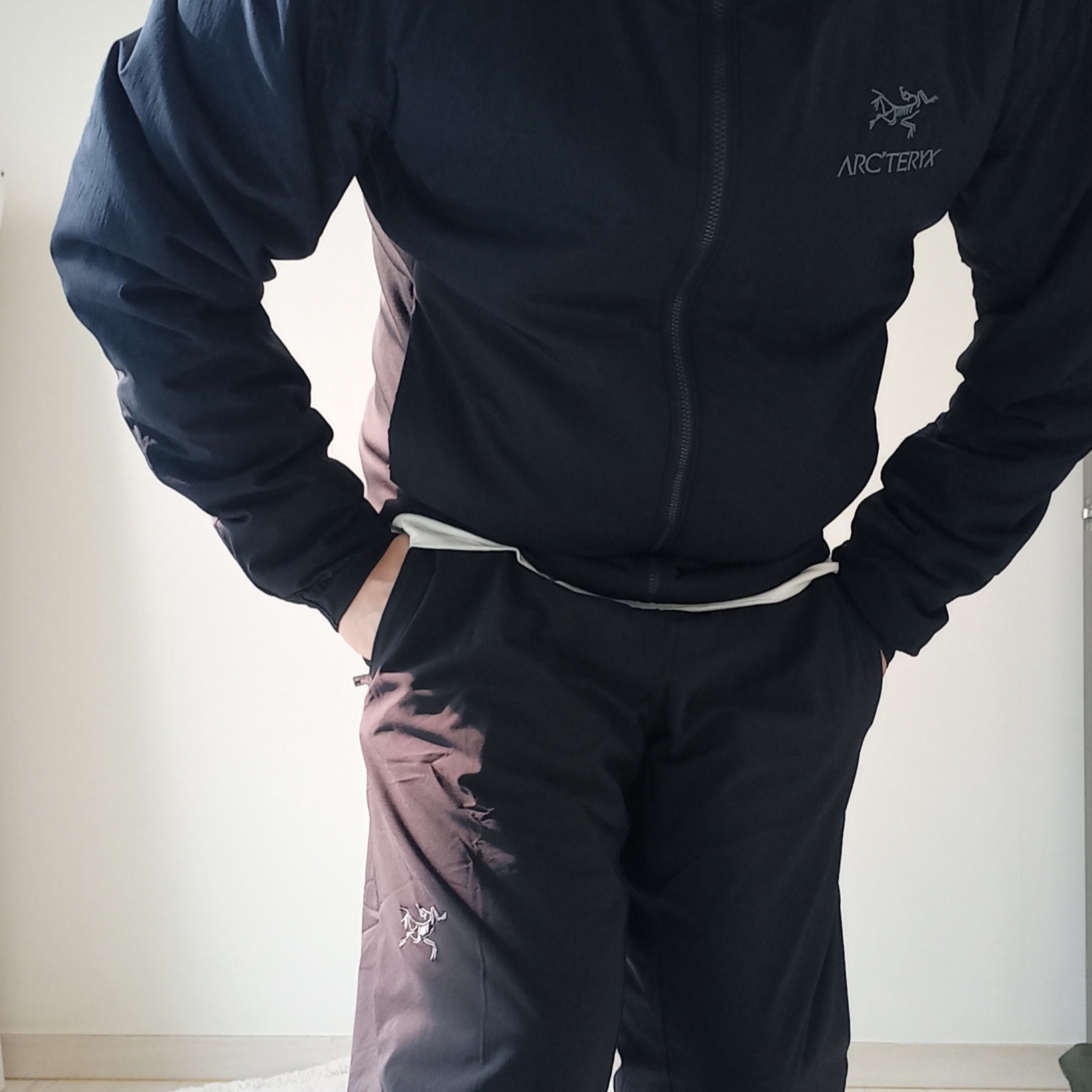 Arc'teryx Atom Hoody Black, Arc'teryx Arc'Multi Bird Logo LS T-Shirt White Light 착용 스타일 - 6