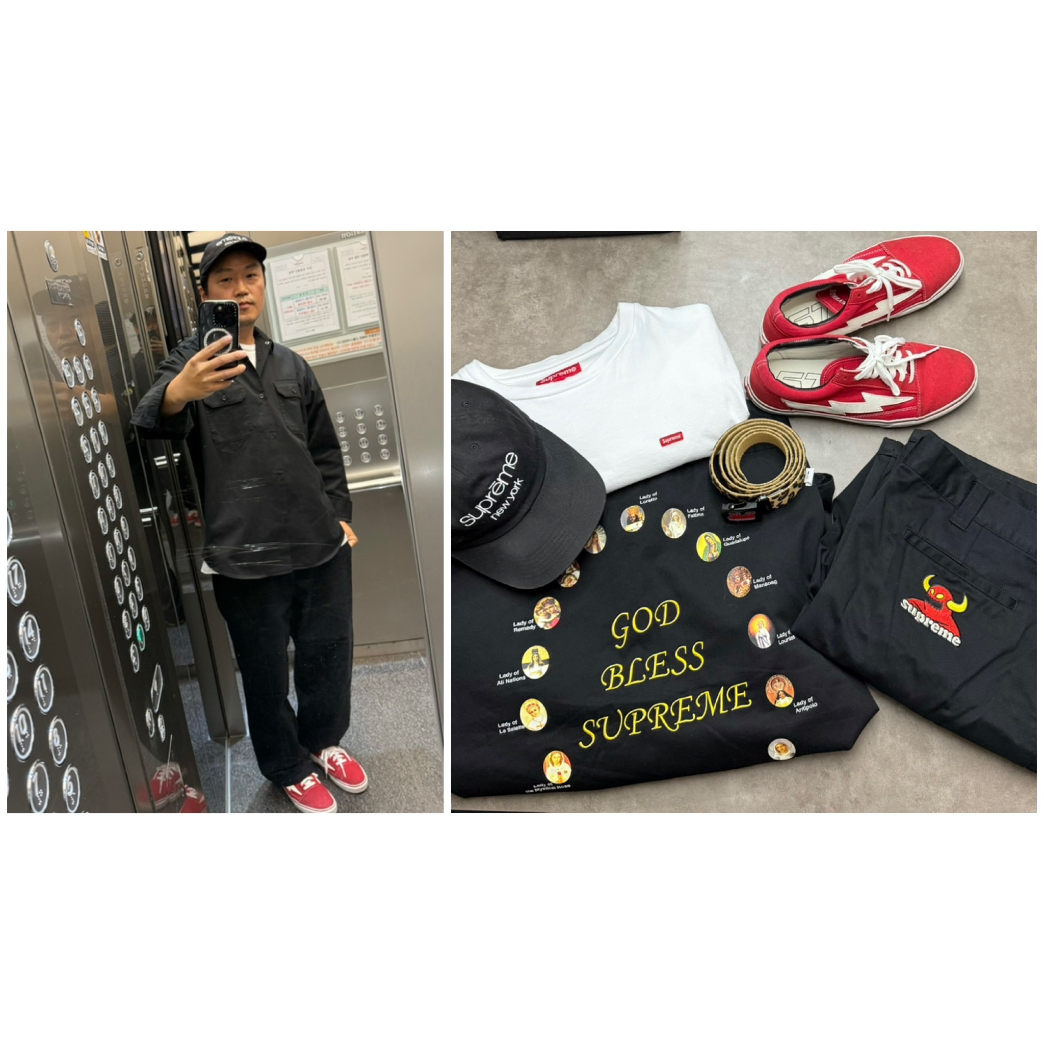 Supreme Our Lady Work Shirt Black - 24SS, Supreme x Toy Machine Webbing Belt Leopard - 24SS 착용 스타일