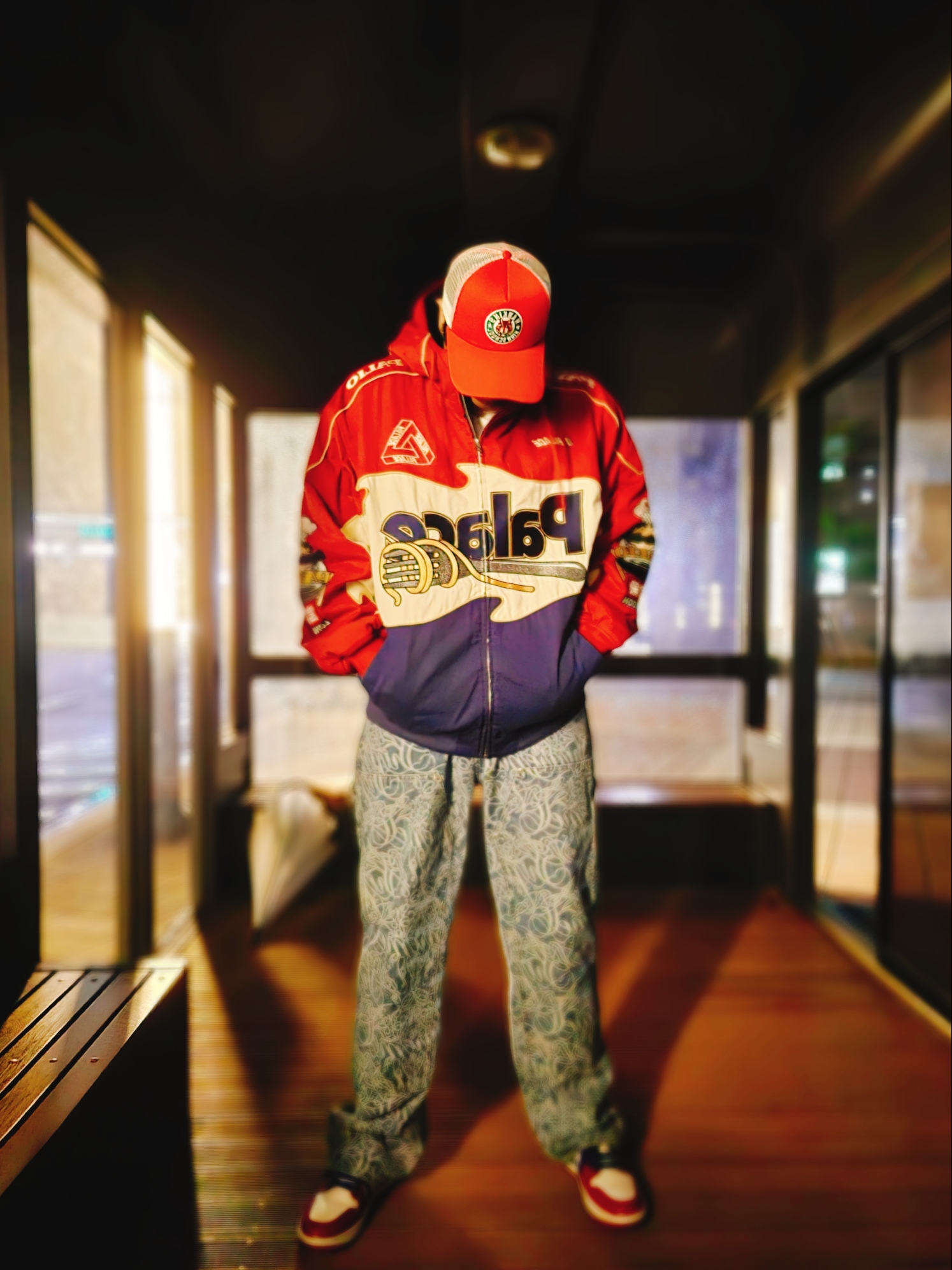 Palace Pasta Jacket Tomato Red - 24FW, Supreme Script Jacquard Double Knee Denim Painter Pants Washed Blue - 22FW 착용 스타일