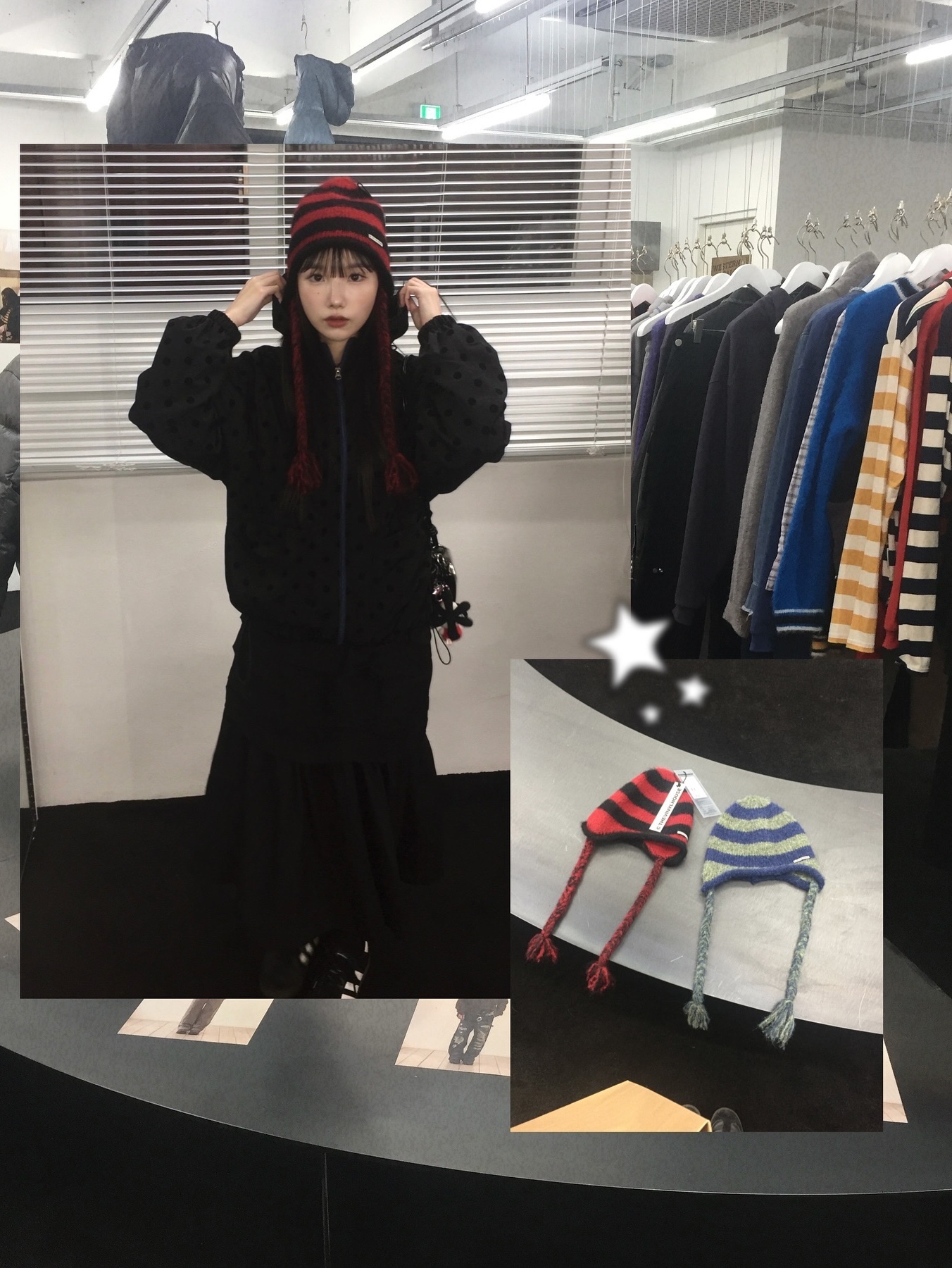 Thevinylhouse Ear Flap Stripe Beanie Red, Thevinylhouse Ear Flap Stripe Beanie Green 착용 스타일