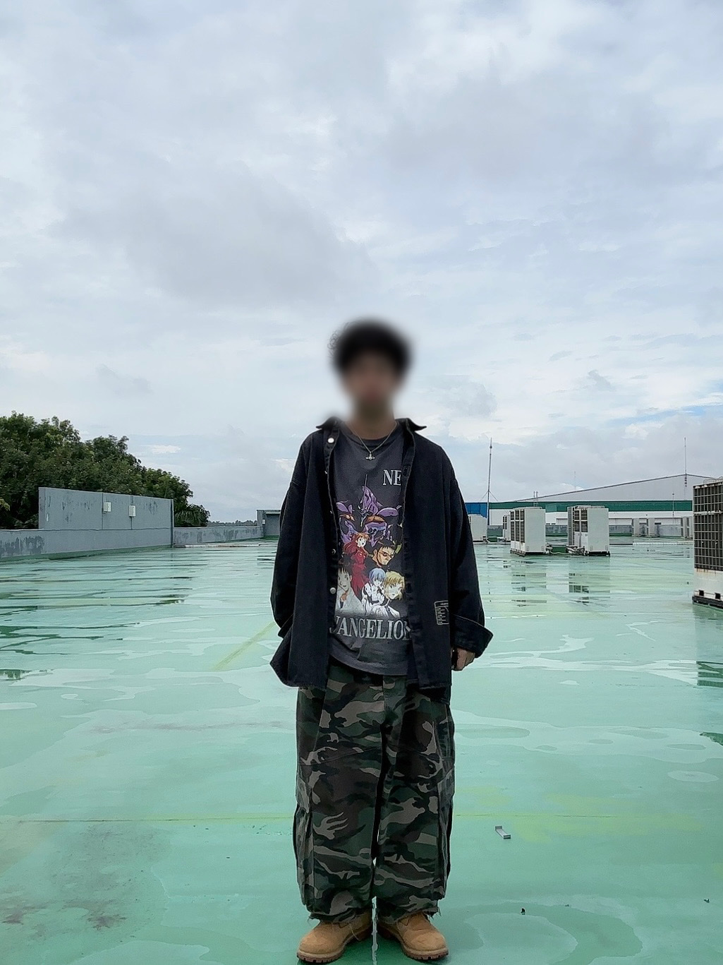 Saint Mxxxxxx x Evangelion Neon S/S T-Shirt Black, Undermycar Mu.51 Anti Fxxking Logo Play Big Cargo Camo Pants Camo Khaki 착용 스타일