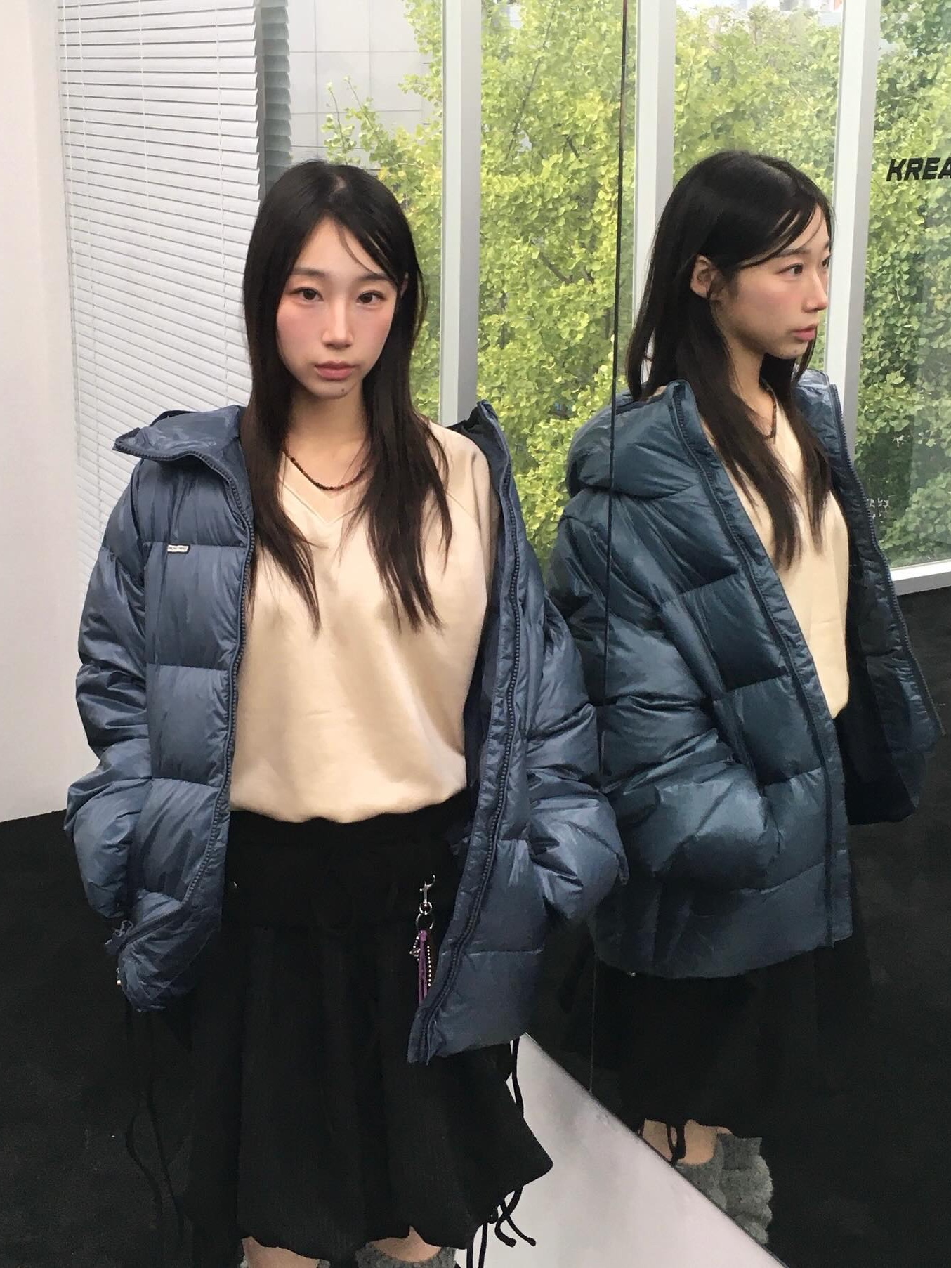 Thevinylhouse Hooded Duck Down Jacket Blue, Thevinylhouse Hooded Duck Down Jacket Charcoal 착용 스타일