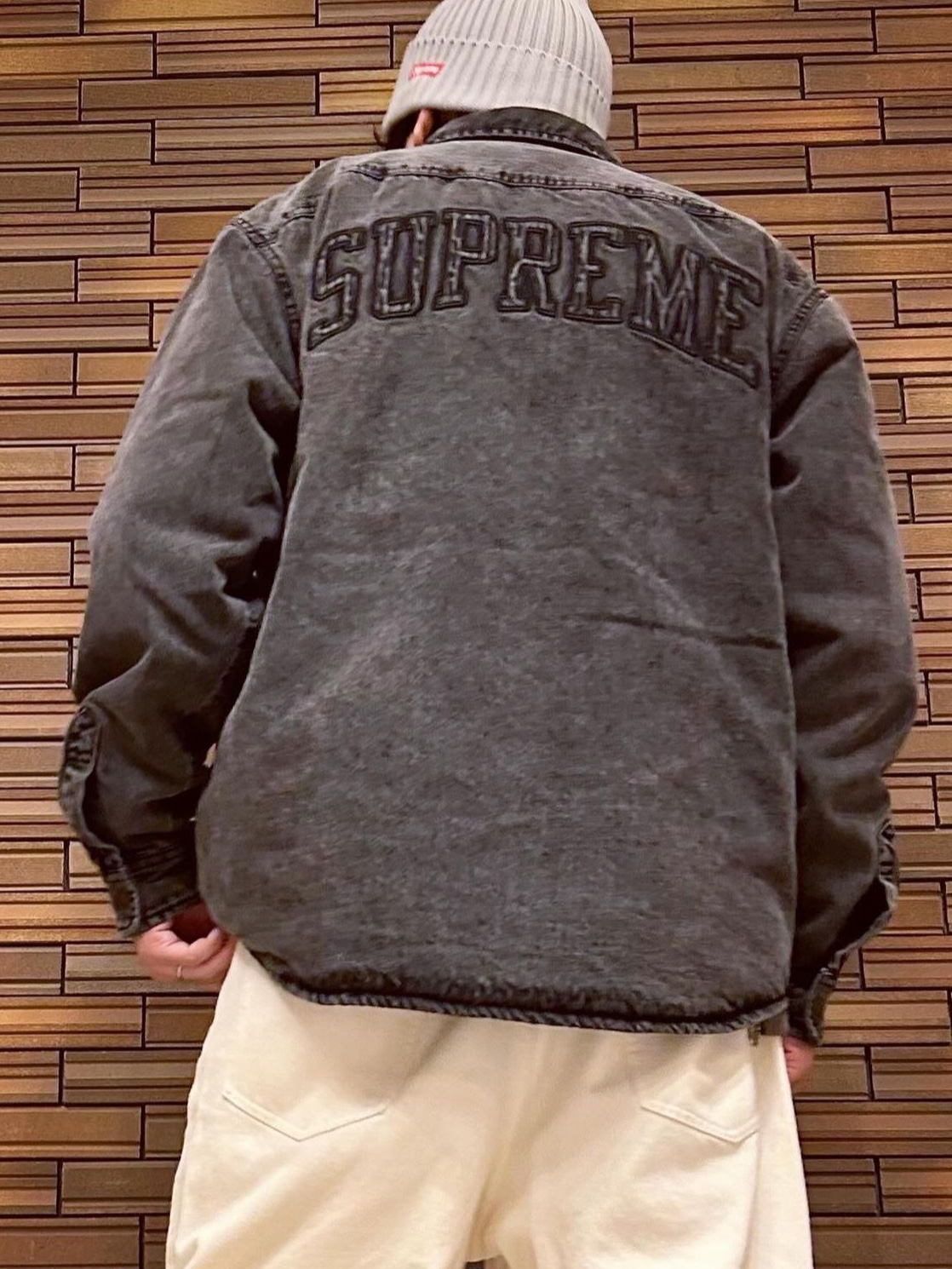 Supreme Faux Shearling Lined Work Shirt Black Denim - 24FW 착용 스타일