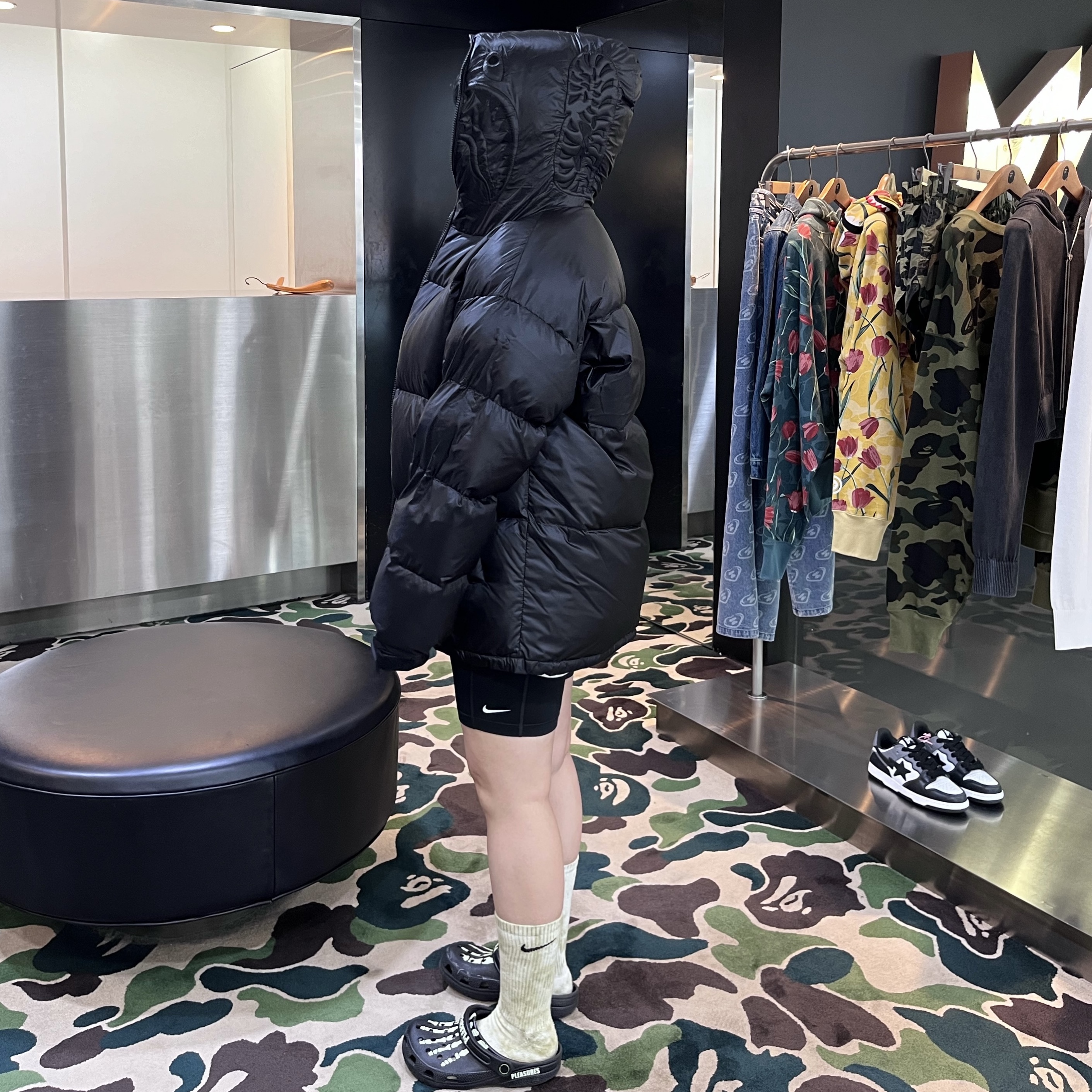 BAPE Shark Relaxed Fit Down Jacket Black, Crocs x Pleasures Clog Black 착용 스타일