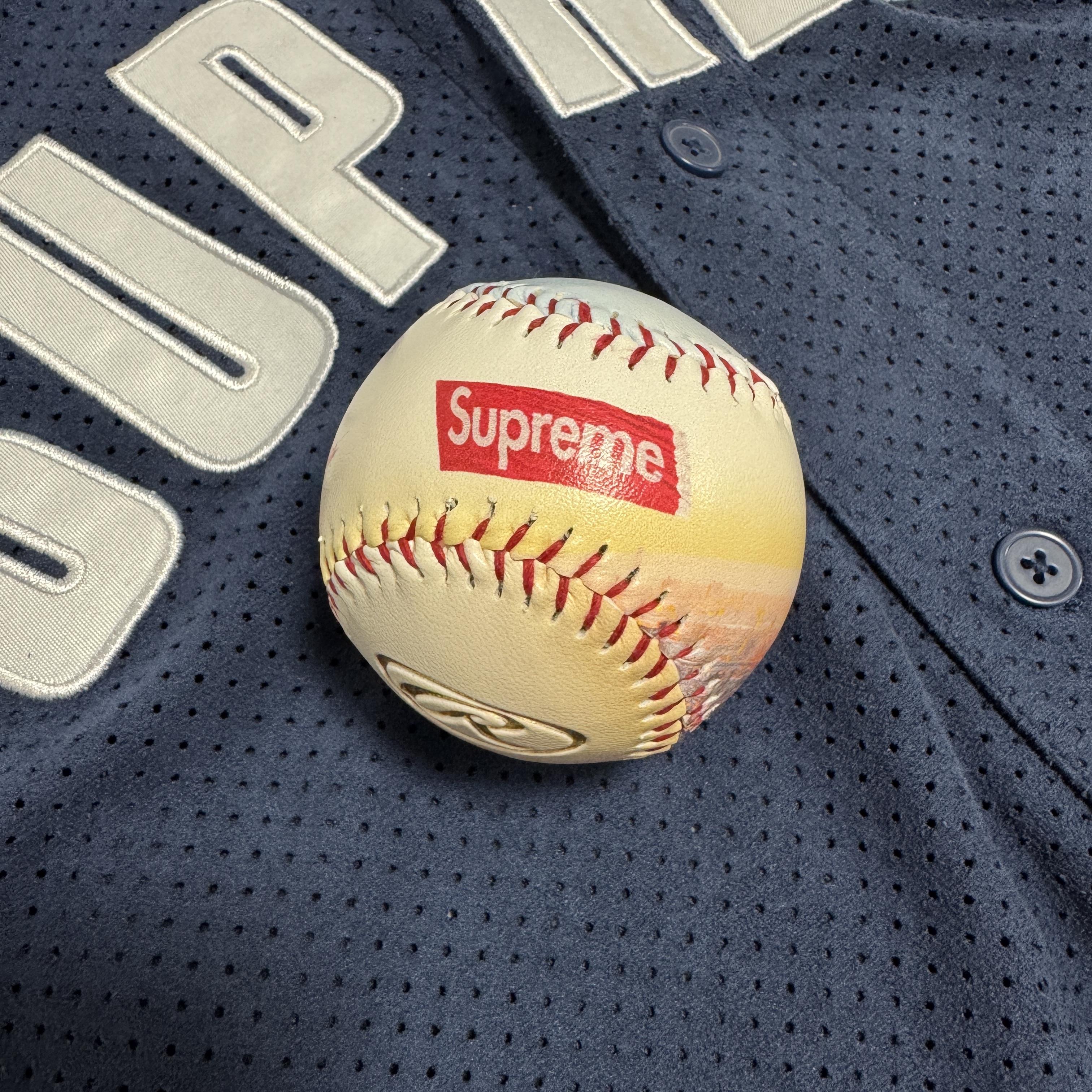 Supreme x Rawlings Aerial Baseball Multicolor - 23FW, Supreme Ultrasuede Mesh Baseball Jersey Navy - 24SS 착용 스타일 - 2