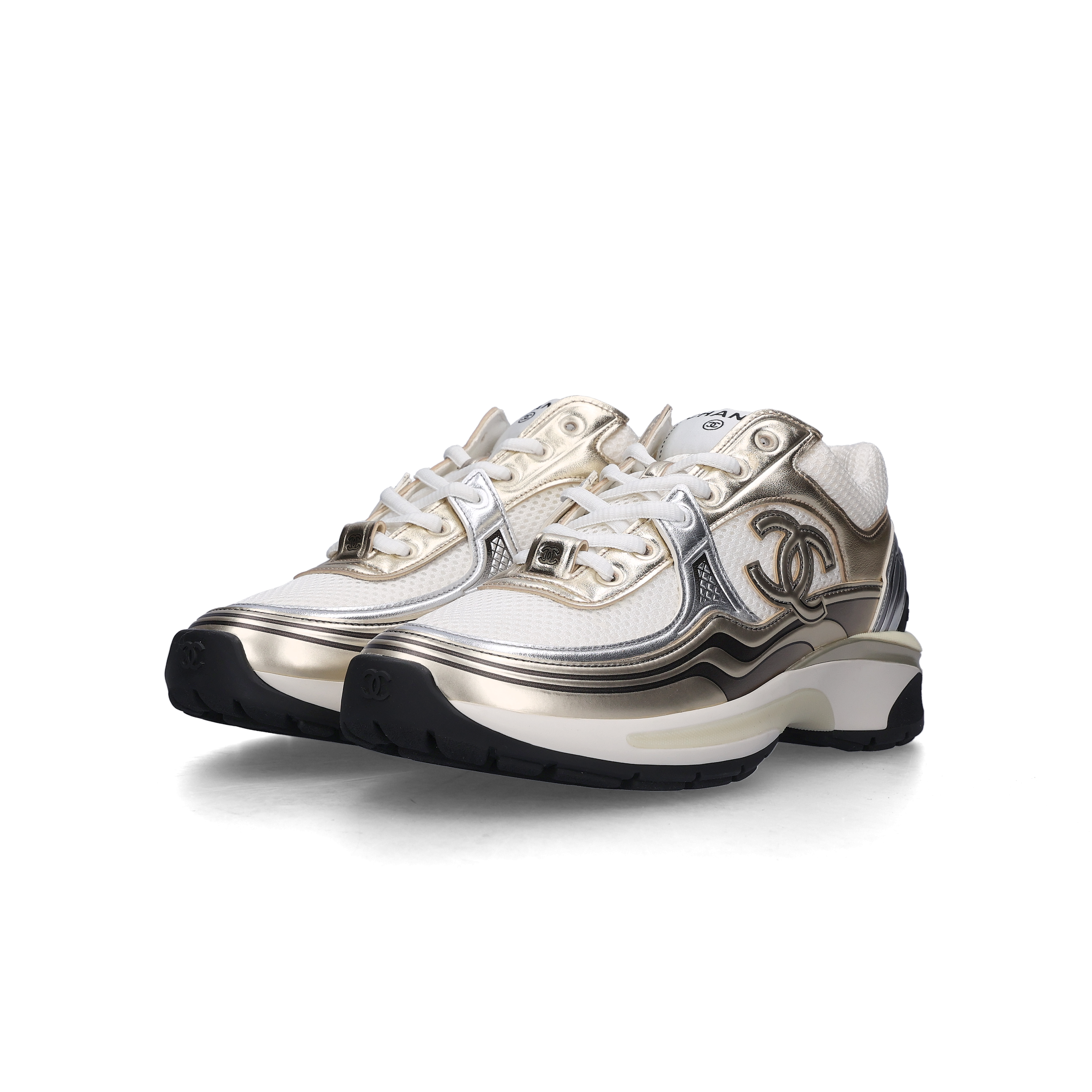 (W) Chanel Sneakers Fabric Laminated & White Gold Silver