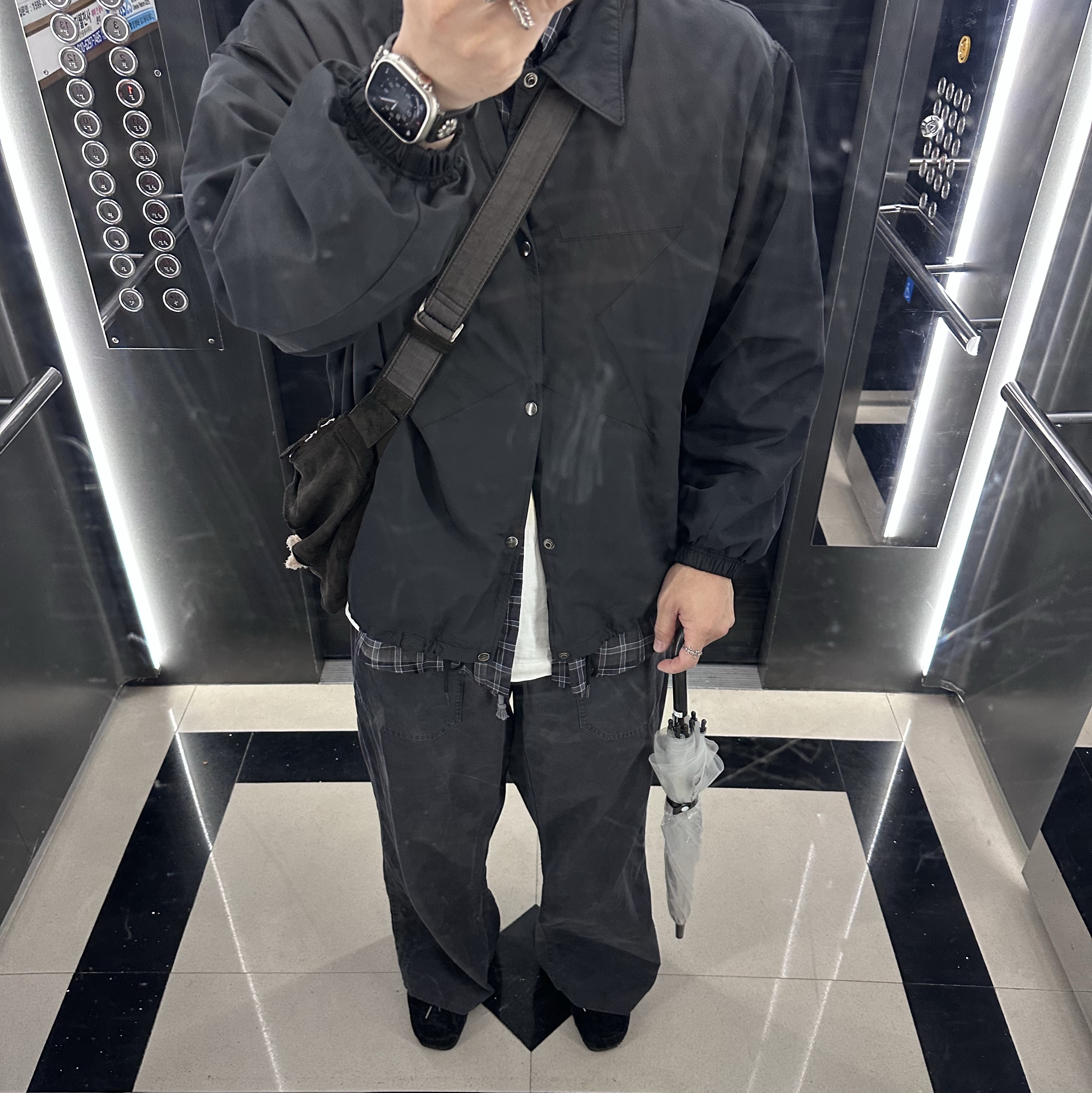 Polyteru x 1011 Star Coach Jacket Used Dark Navy - 23FW, Polyteru Para Pants (Baker Pants) Striped (OG ver.) Dark Charcoal Navy 착용 스타일