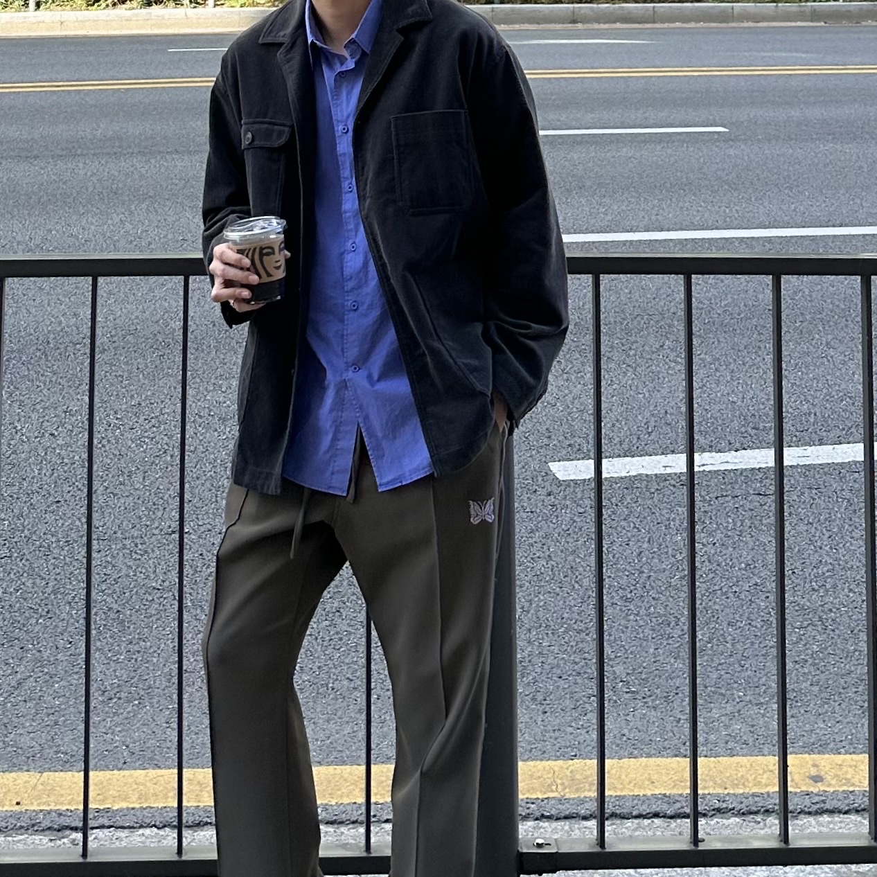 Needles Piping Cowboy Pants Poly JQ Black Purple, Adidas Stan Smith Decon Core Black 착용 스타일 - 3