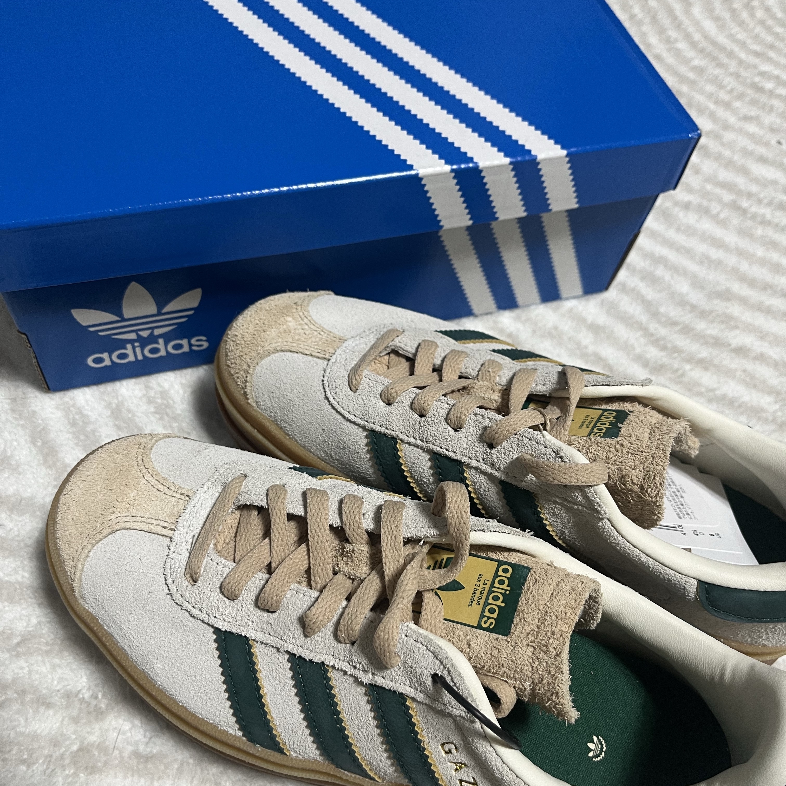 (W) Adidas Gazelle Bold Cream White Collegiate Green 착용 스타일
