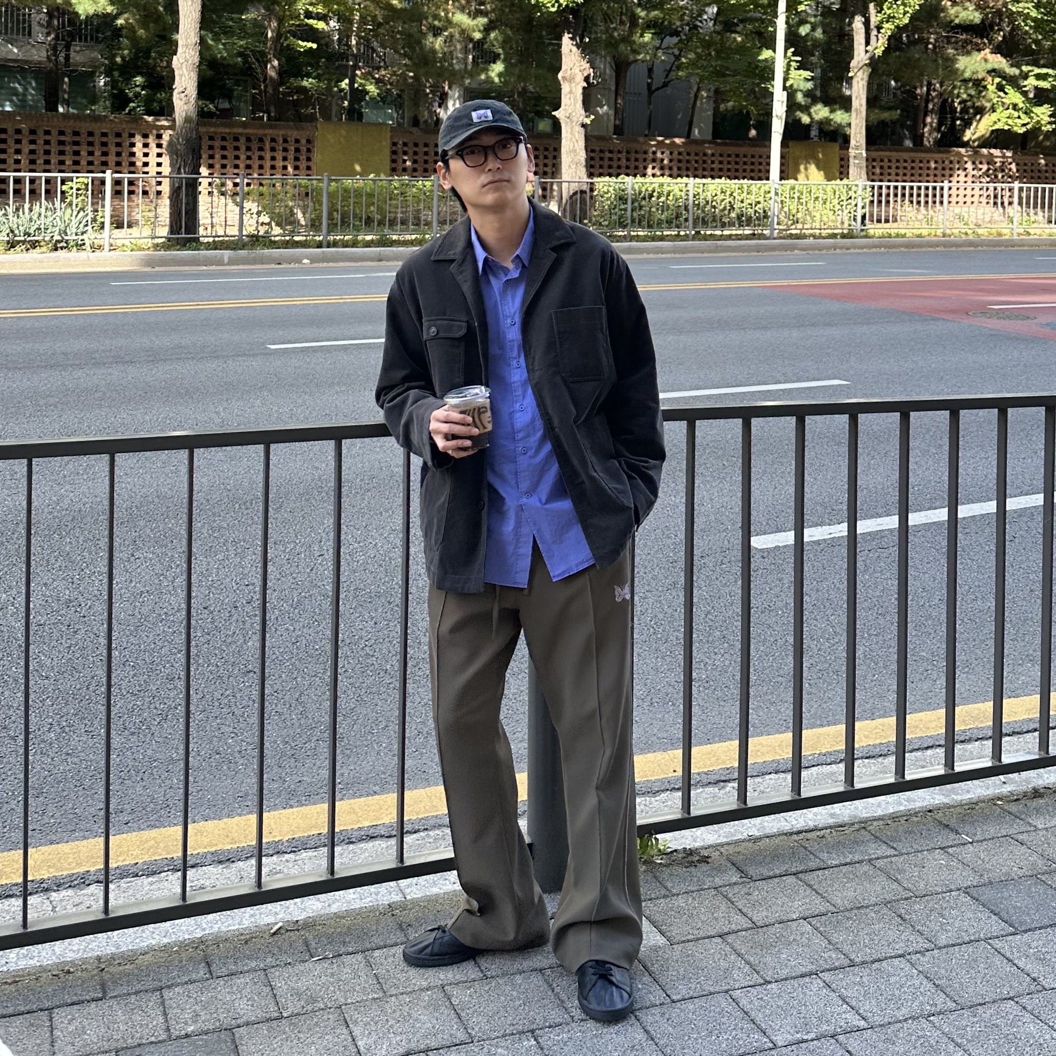 Needles Piping Cowboy Pants Poly JQ Black Purple, Adidas Stan Smith Decon Core Black 착용 스타일 - 4