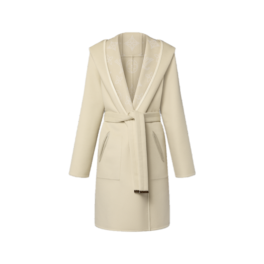 (W) Louis Vuitton Reversible Signature Hooded Wrap Coat Natural