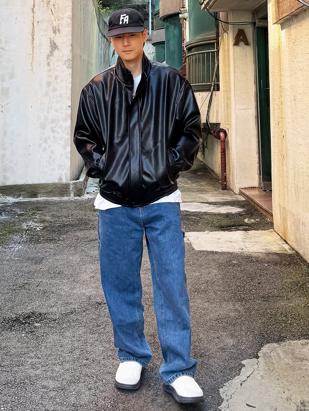 QT8 Garments TL Synthetic Leather Hidden Jacket Black, QT8 Garments TL Denim Carpenter Pant Deep Blue 착용 스타일 - 1