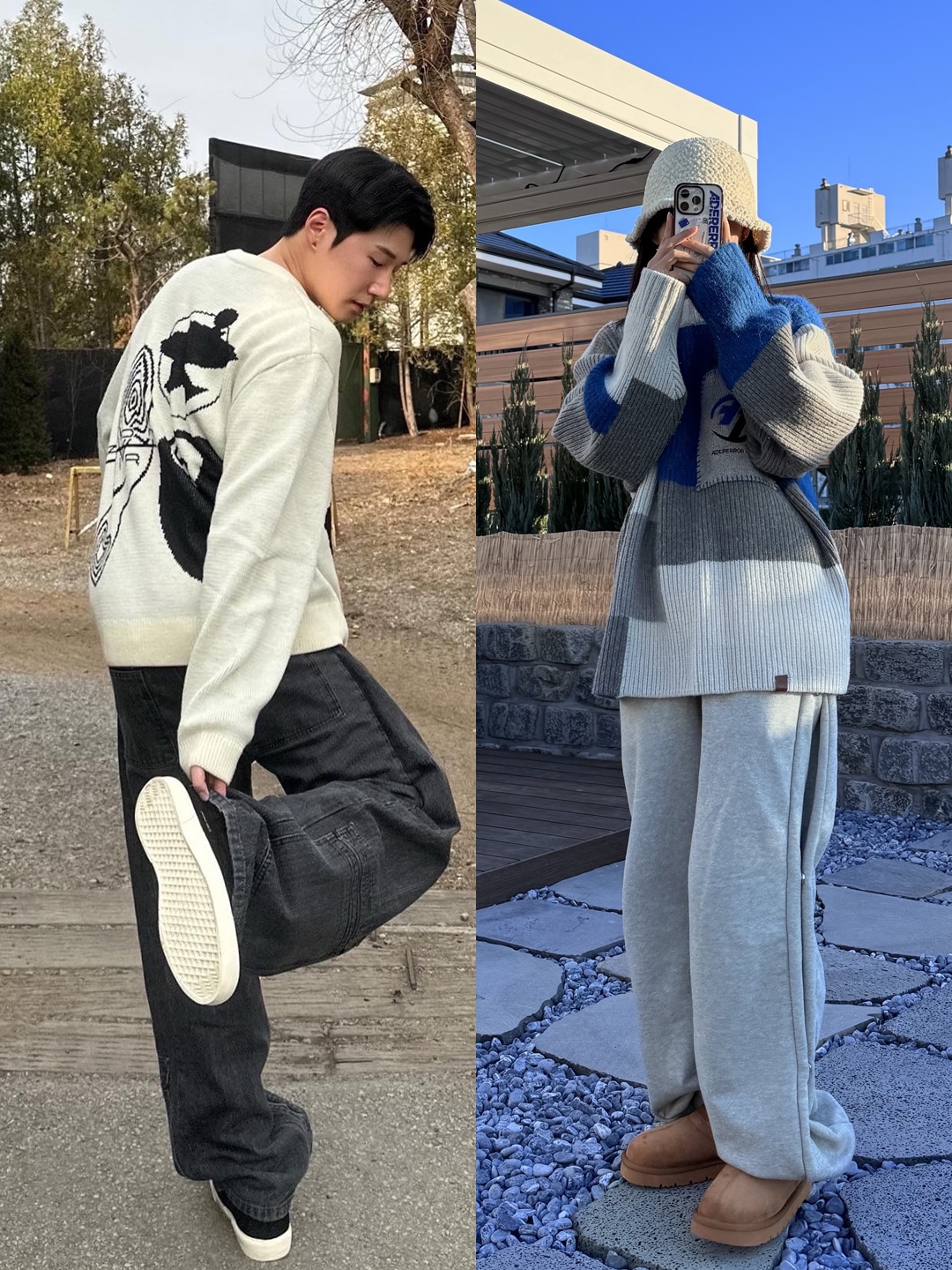 Nike x Stussy NRG LS Knit Sweater Fossil (DR2893-238), Zara x Ader Error Patchwork Oversize Knit Sweater Multicolor 착용 스타일 - 2