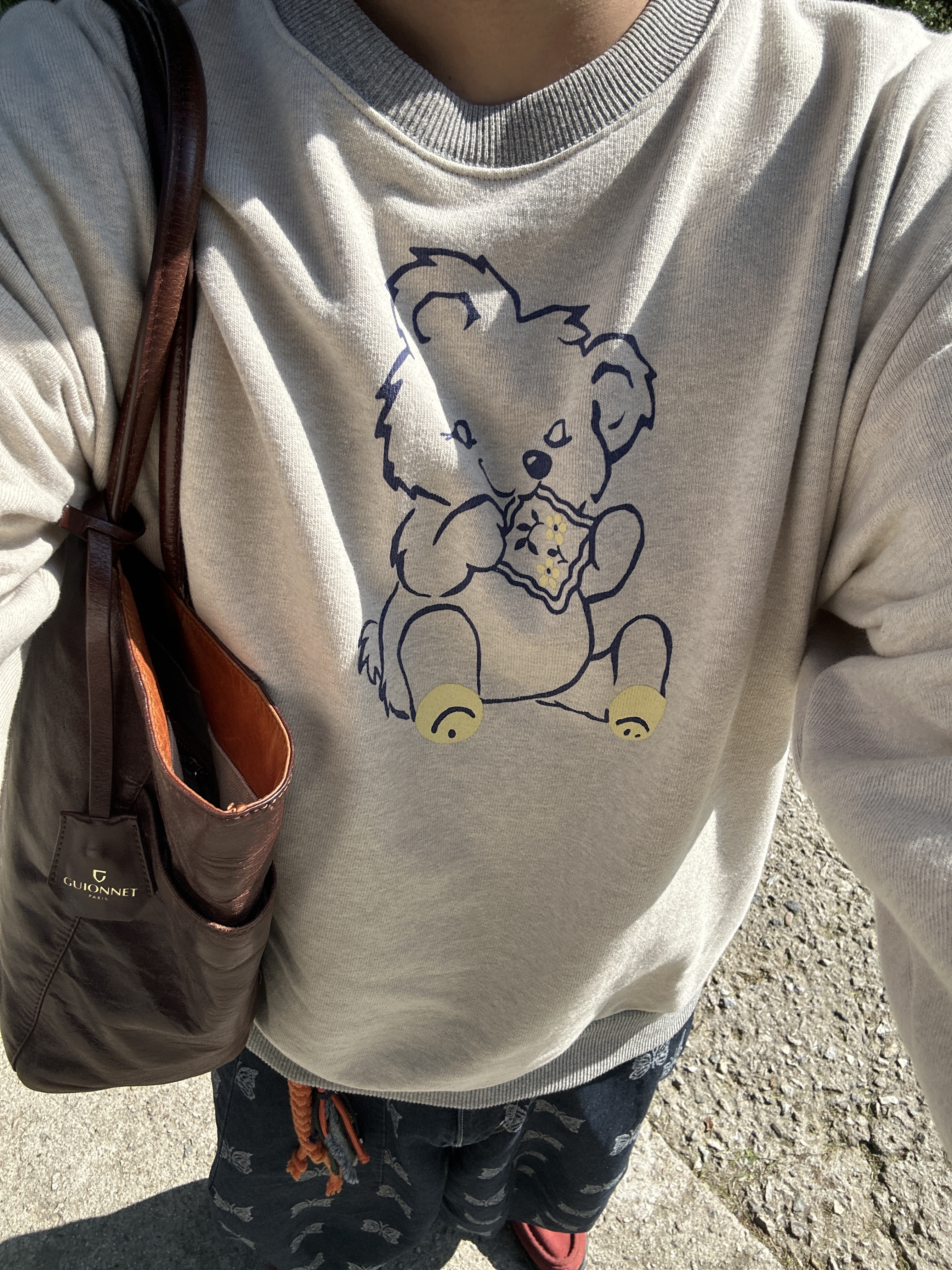 Kapital Top Fleece Crew Sweatshirt Peckish Little Bear Patch Kinari Gray, Needles H.D. Pants 10 Oz Denim Papillon JQ Indigo 착용 스타일 - 2