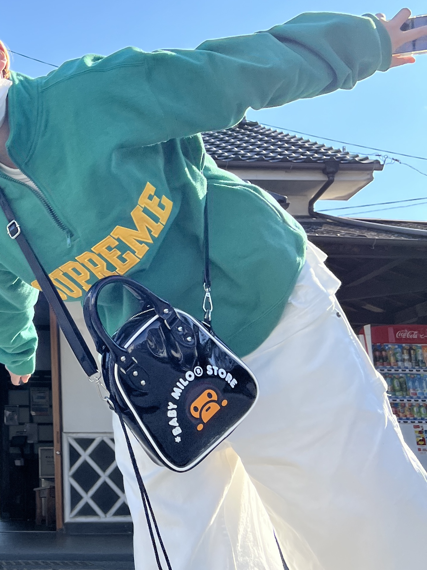 Supreme Washed Chino Twill Camp Cap Denim - 24FW, Supreme Collegiate Half Zip Pullover Light Pine - 24FW 착용 스타일 - 2