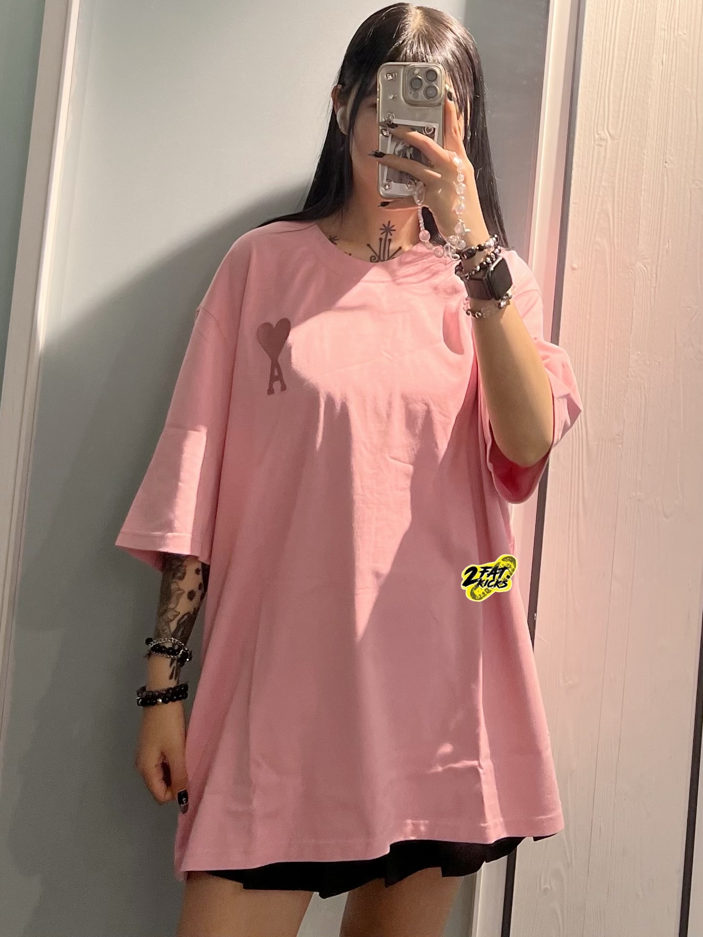 AMI de Coeur Tone-On-Tone T-Shirt Aqua - 22SS, AMI de Coeur Tone-On-Tone T-Shirt Pale Pink - 22SS 착용 스타일 - 5