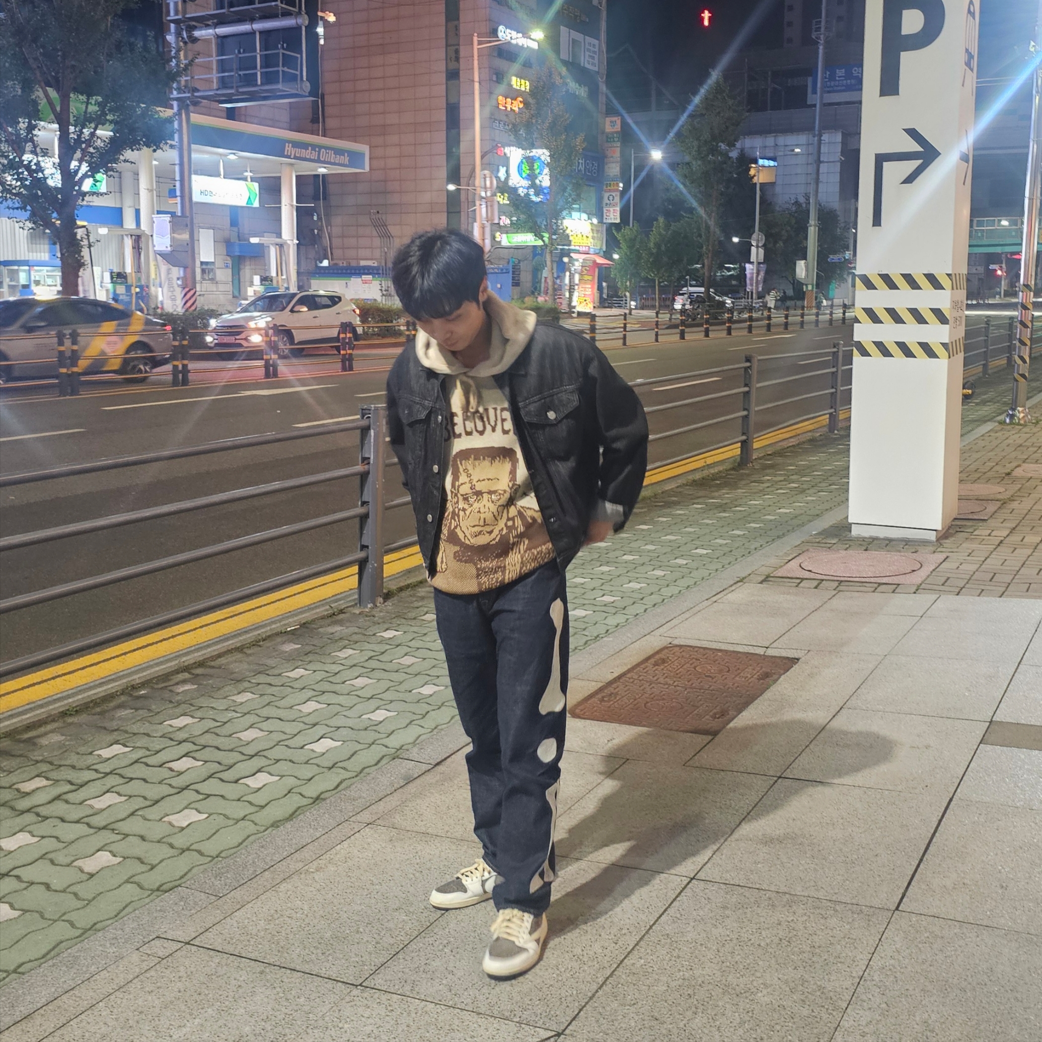 Kapital 12.5 oz. Denim Mexican Tuxedo 5P Okagilly Pants Indigo, Kapital 8G Jacquard Knit Hooded Sweater Beloved Mr Brown 착용 스타일