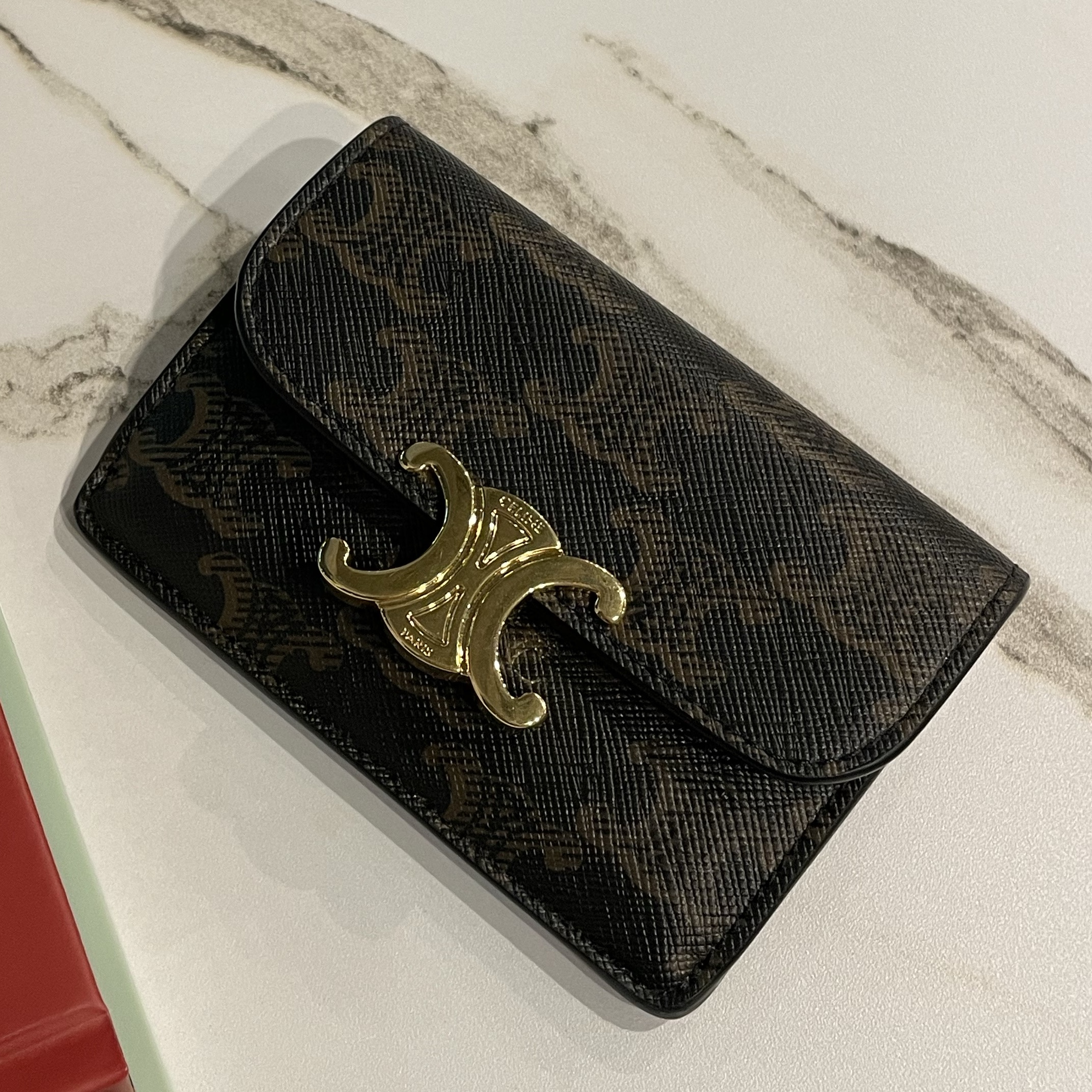 Celine Card Holder with Flap in Triomphe Canvas Tan 착용 스타일