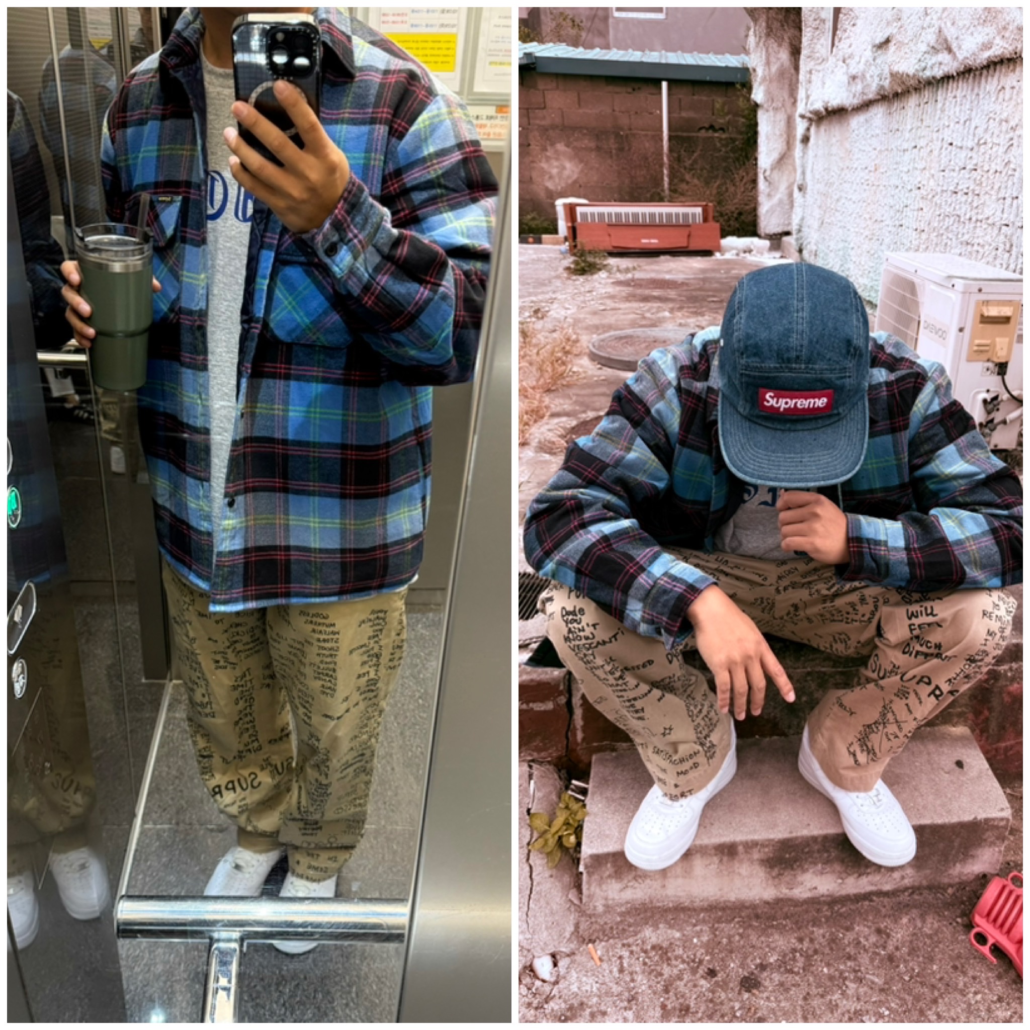 Supreme Quilted Plaid Shirt Blue - 24FW, Supreme Gonz Poems Chino Pants Khaki - 23SS 착용 스타일