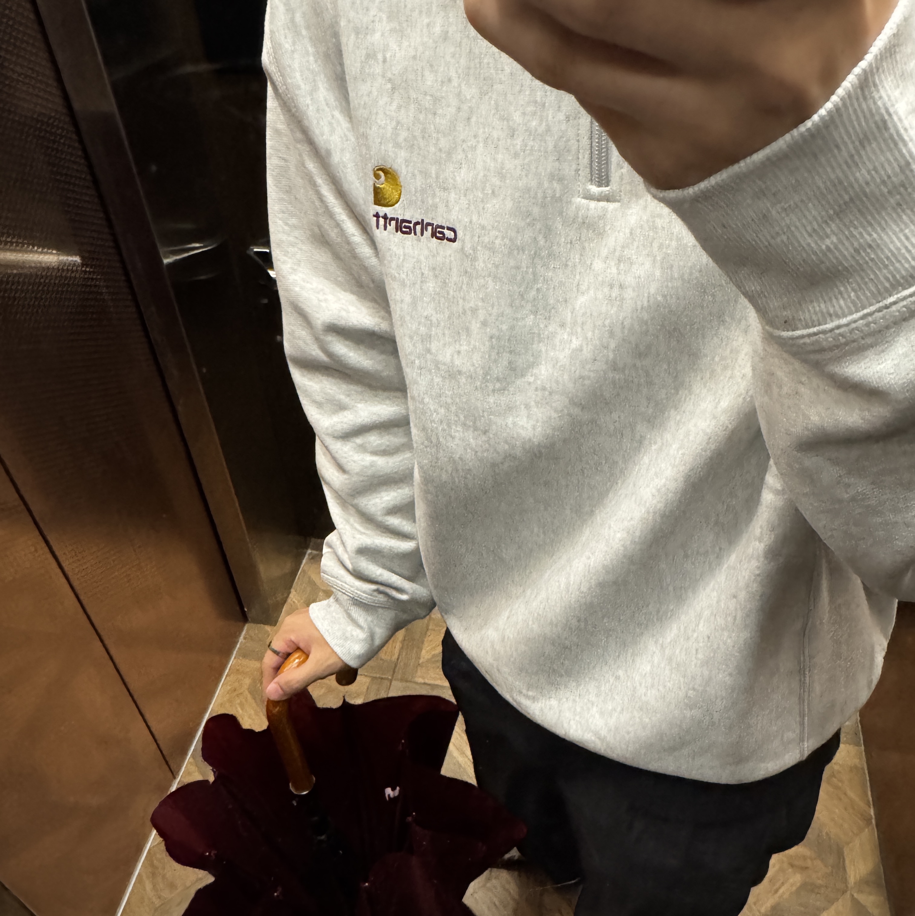 Carhartt WIP Half Zip American Script Sweatshirt Ash Heather 착용 스타일
