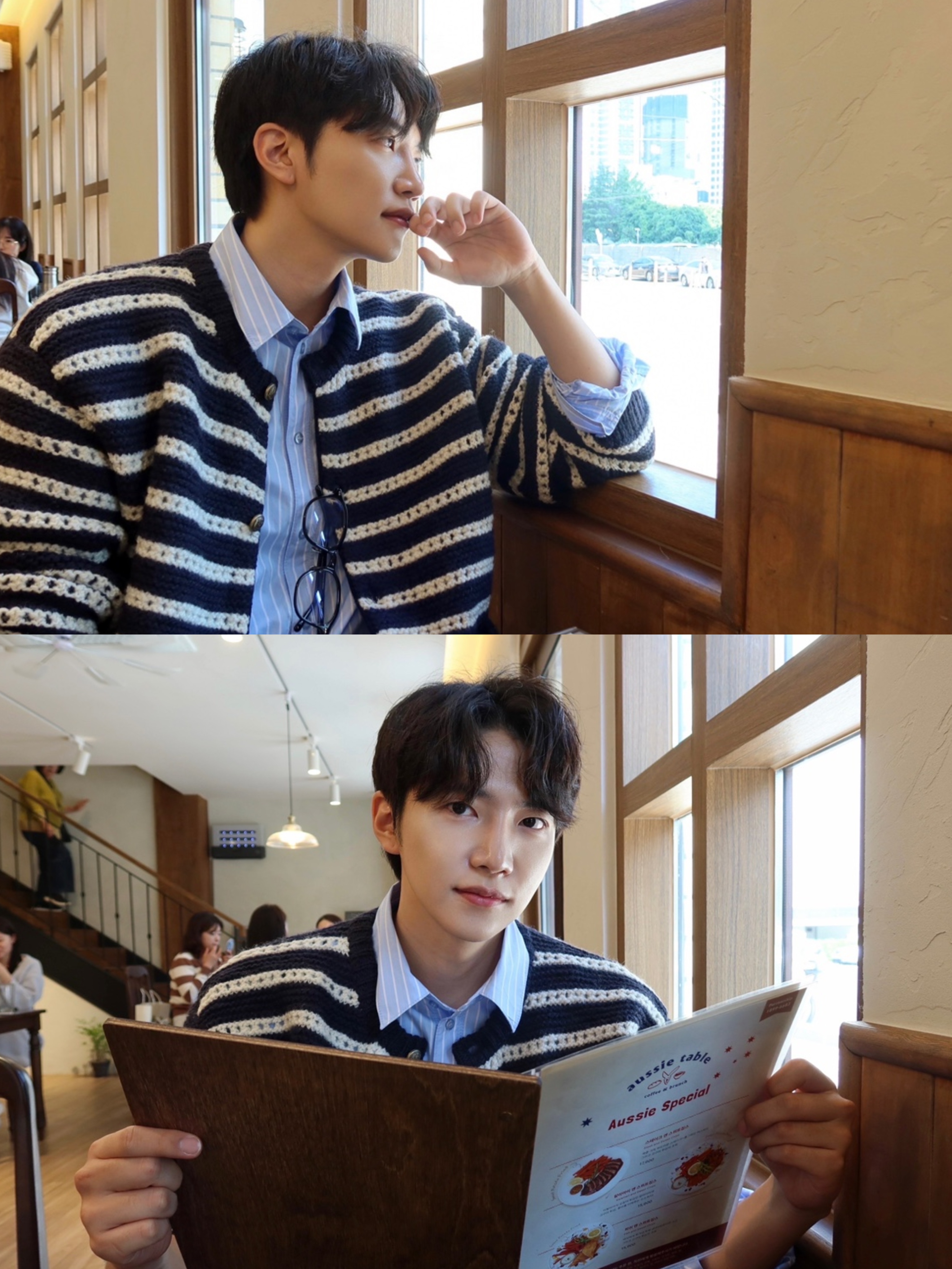 [KREAM 단독 리오더] STU Round Neck Stripe Cardigan Navy 착용 스타일 - 2