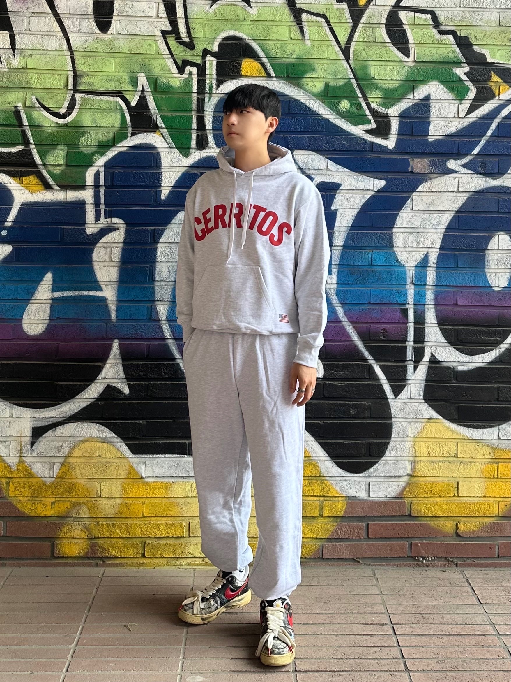Nike x Peaceminusone Air Force 1 Low Para-Noise, Hotel Cerritos Cerritos Hoody MelangeGray 착용 스타일 - 1