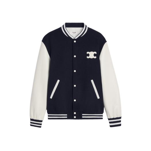 (W) Celine Teddy Varsity Jacket in Textured Wool Navy