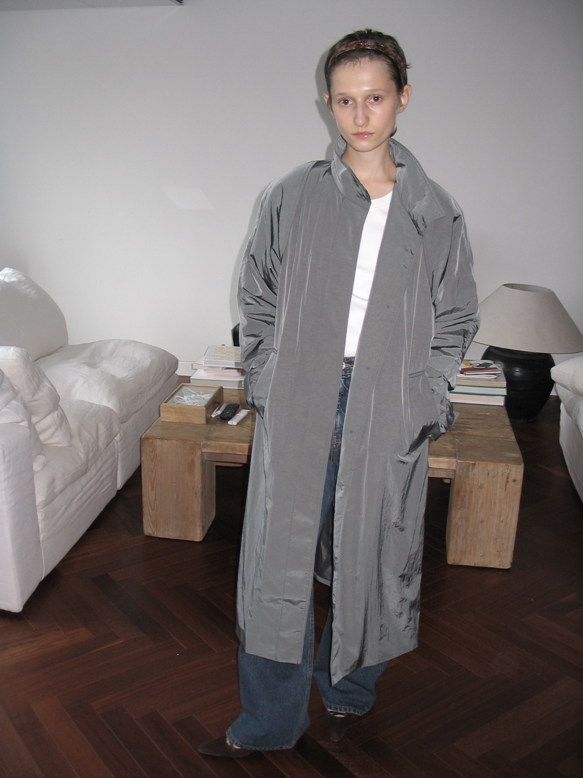 FARVEN Pratt Nylon Trench Coat Ebony Gray, FARVEN Jack Skater Denim Washed Darkness 착용 스타일