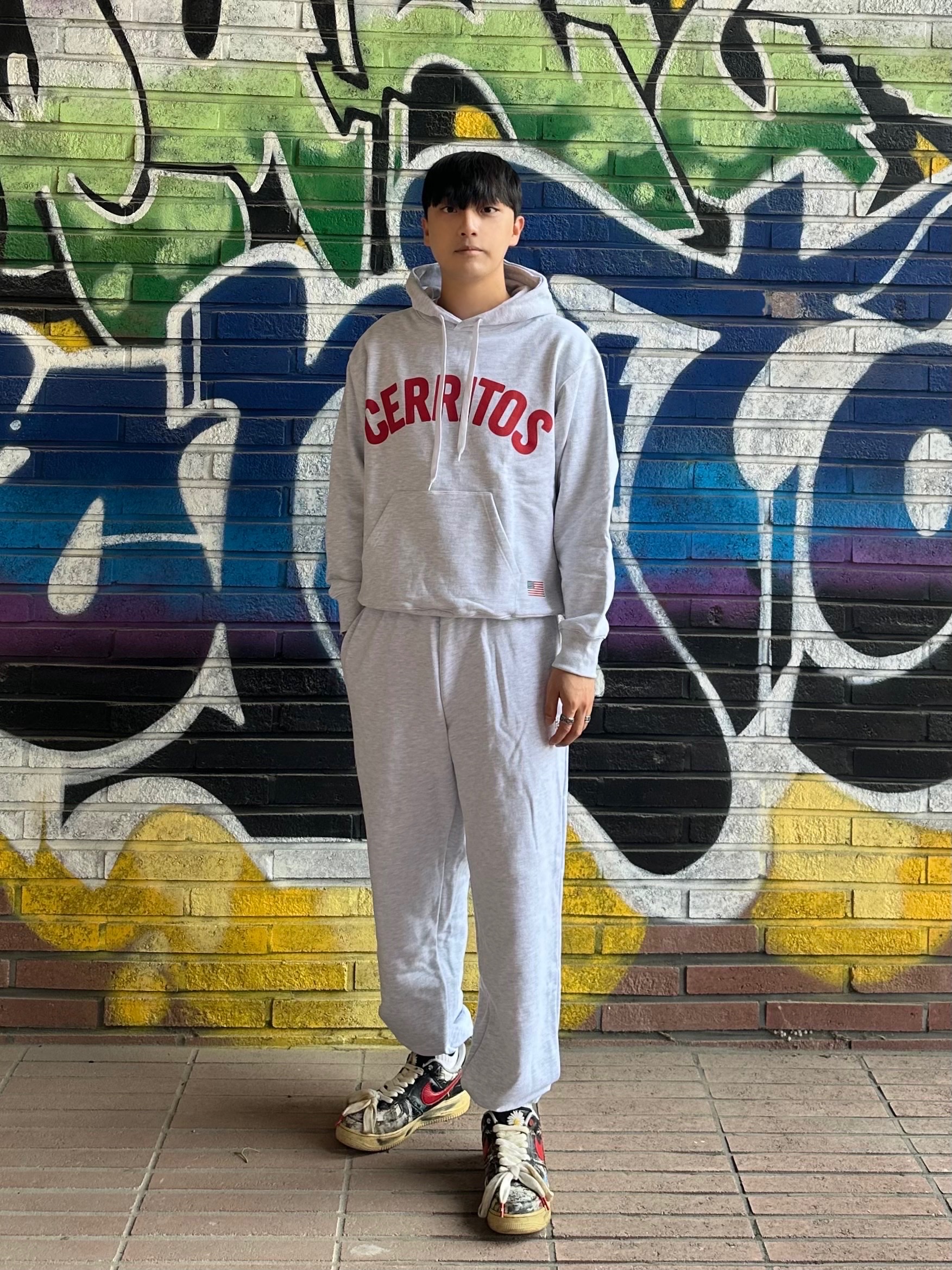 Nike x Peaceminusone Air Force 1 Low Para-Noise, Hotel Cerritos Cerritos Hoody MelangeGray 착용 스타일 - 2