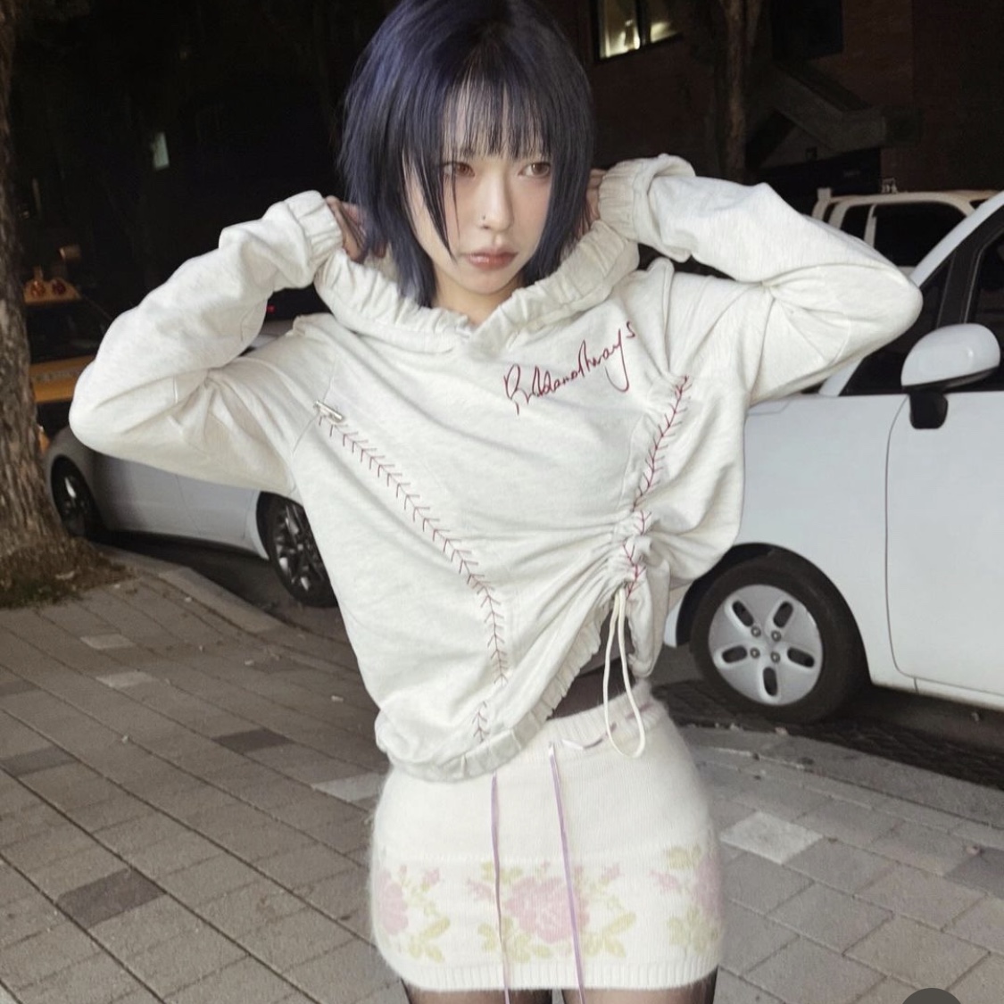 Problemallways Baseball Shirring Hoodie Oatmeal 착용 스타일 - 2