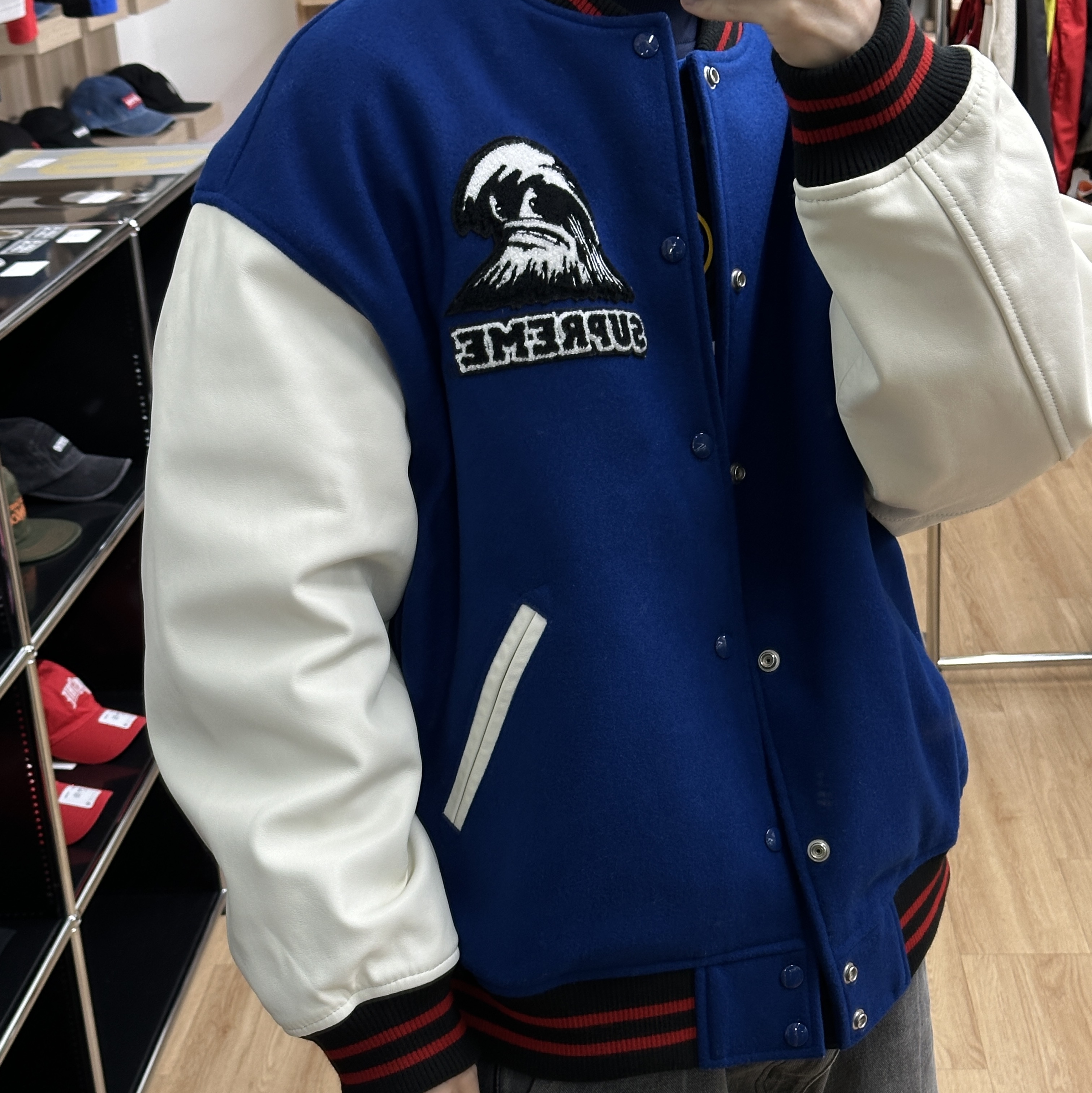 Supreme Wave Varsity Jacket Blue - 24SS 착용 스타일 - 4