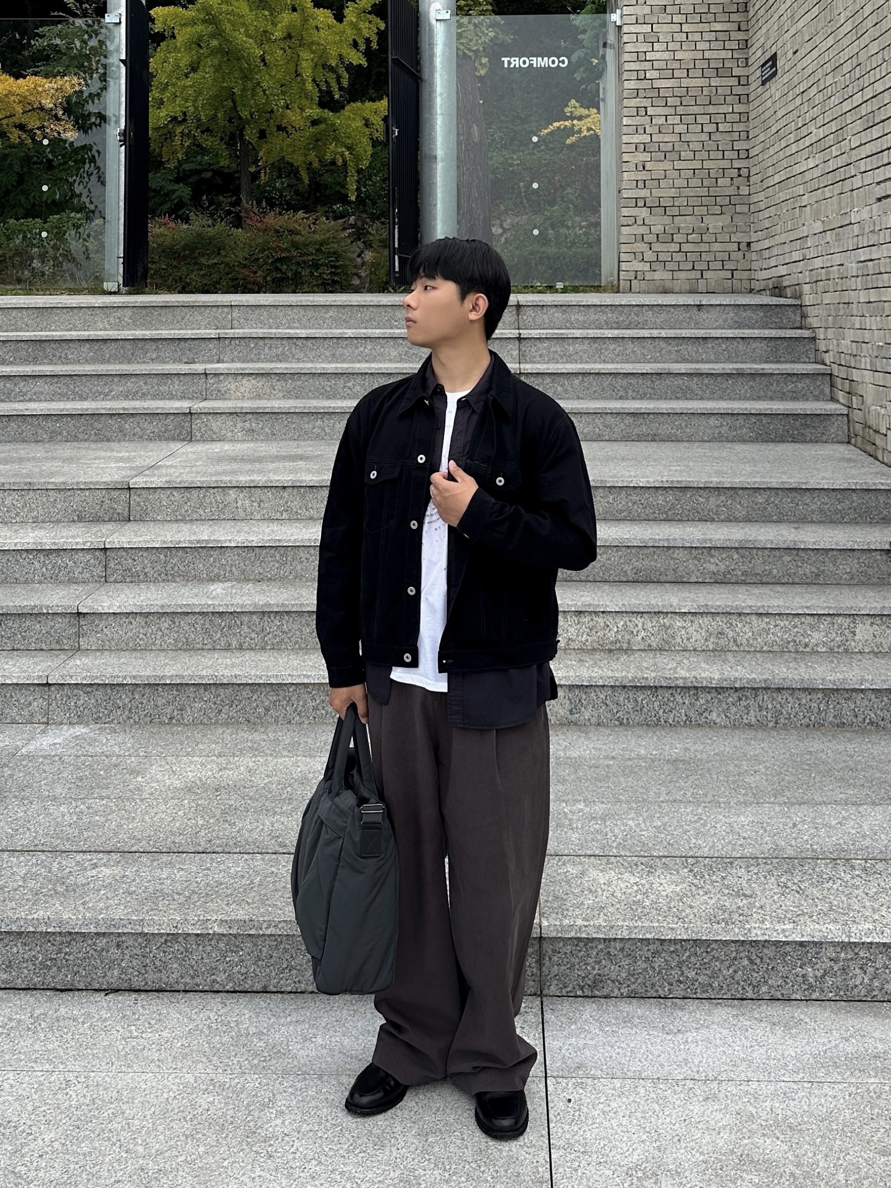 Polyteru Human Index Index Trucker Jacket Black, Uniqlo 2-Way Utility Bag Gray 착용 스타일 - 2