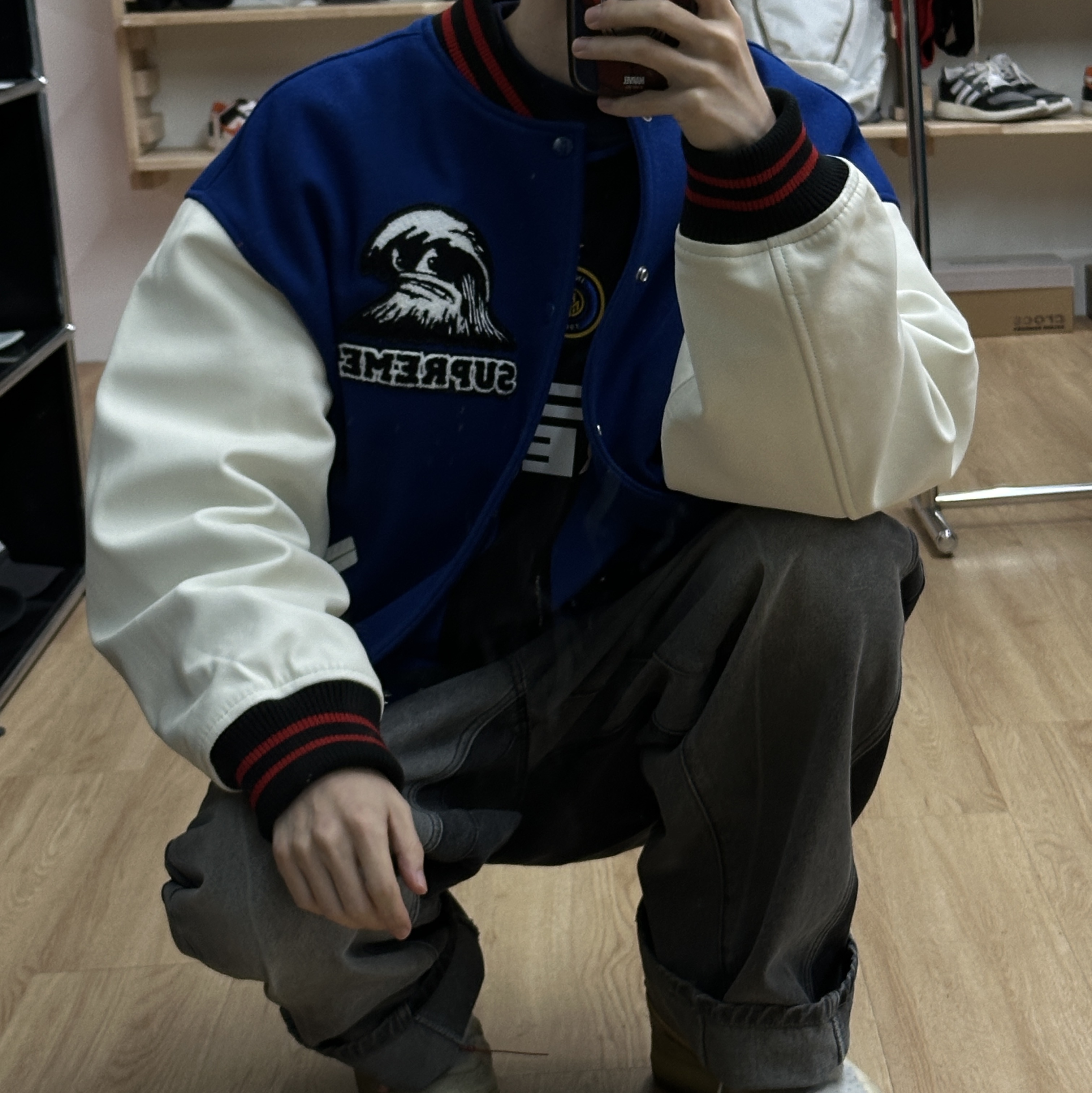 Supreme Wave Varsity Jacket Blue - 24SS 착용 스타일 - 1