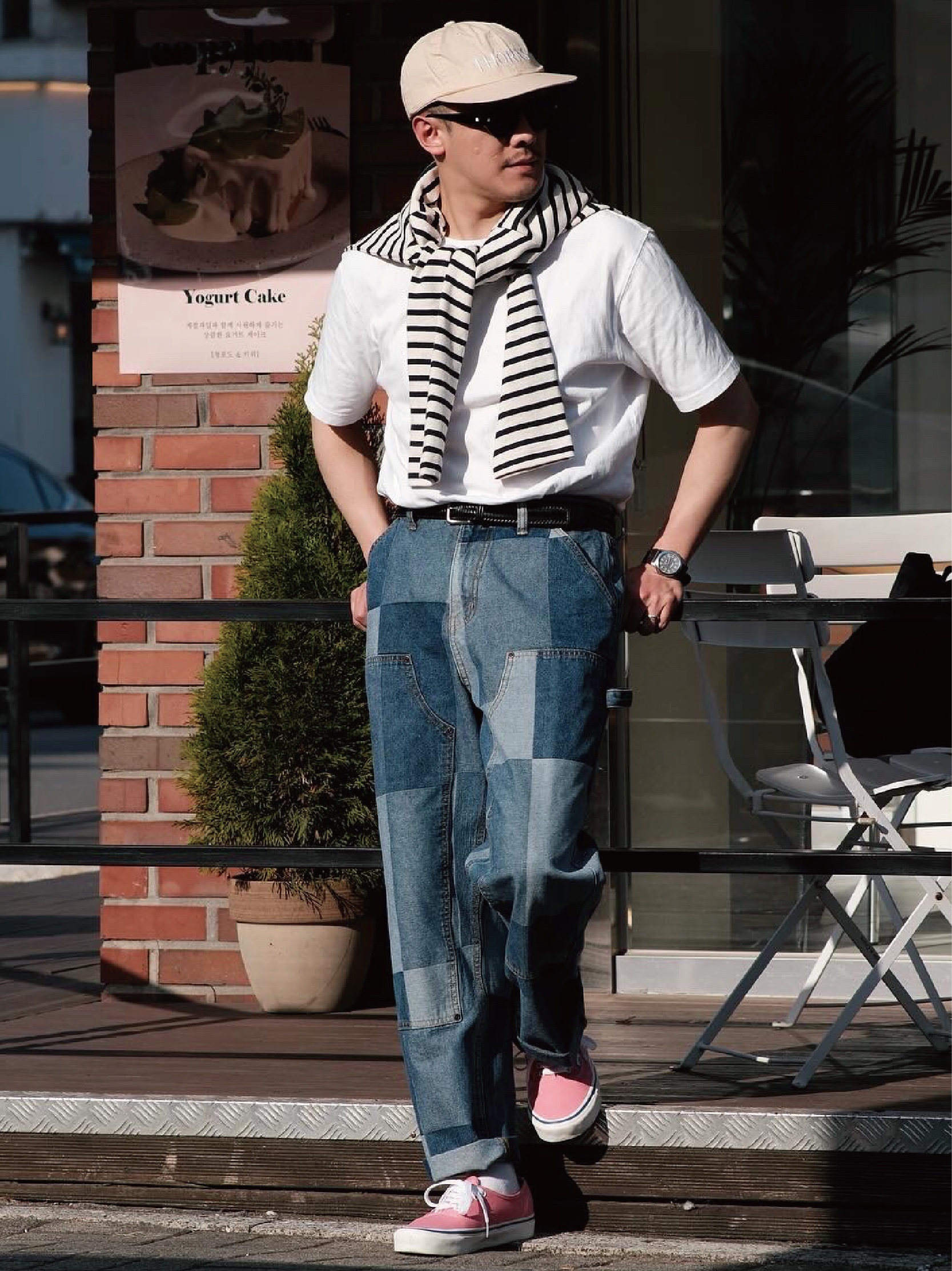 ersco Jacquard Patchwork Double Knee Pants Blue, Vans Authentic Color Theory Fizzy Flower 착용 스타일 - 1
