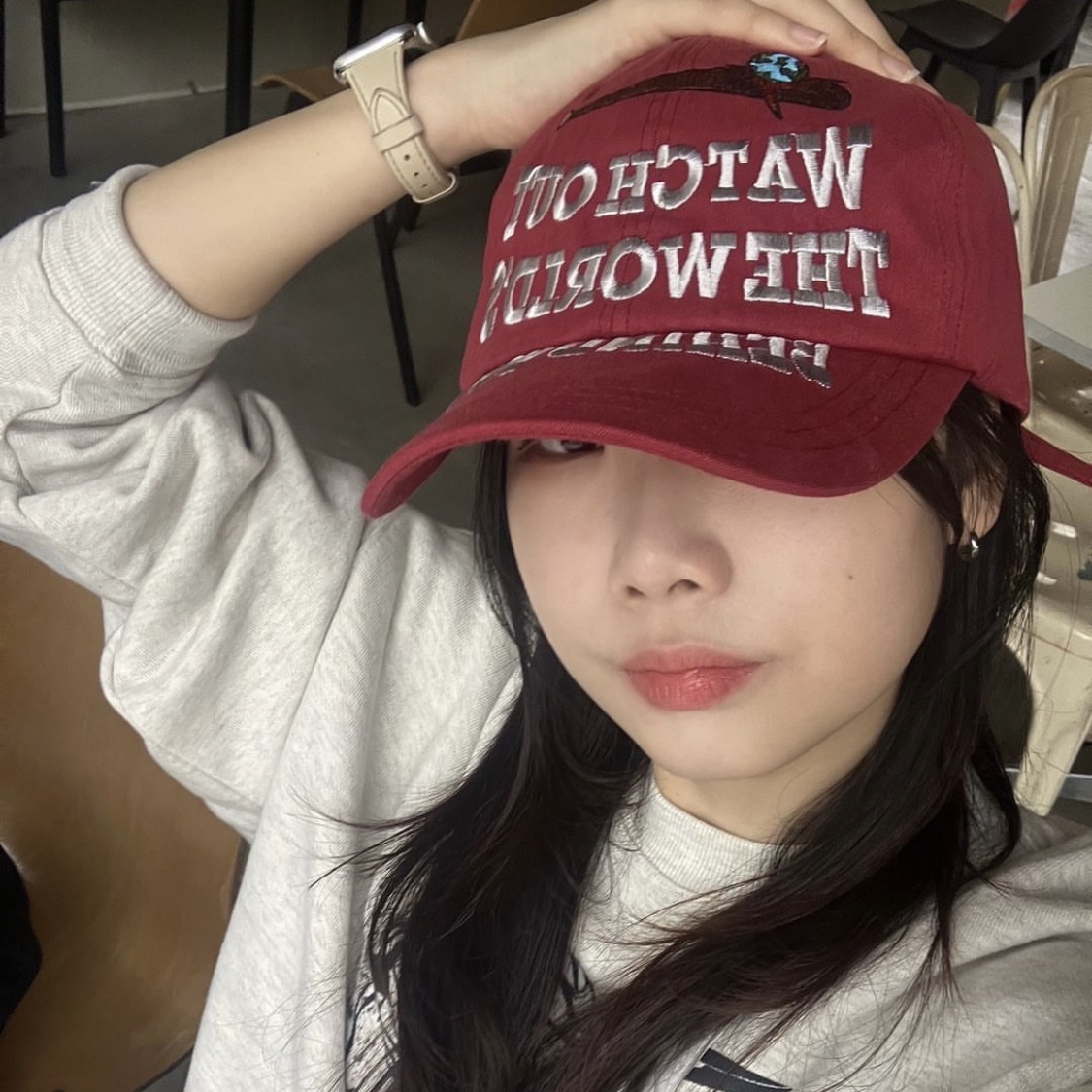 Problemallways Watch Out Cotton Ball Cap Red 착용 스타일 - 2