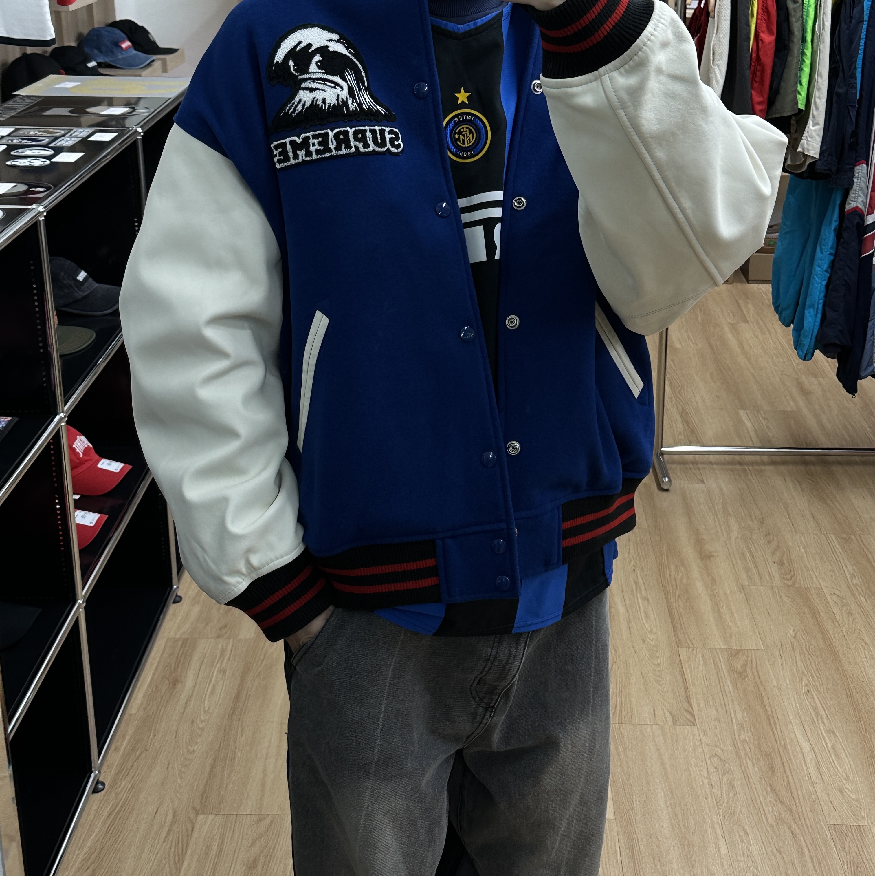 Supreme Wave Varsity Jacket Blue - 24SS 착용 스타일 - 2