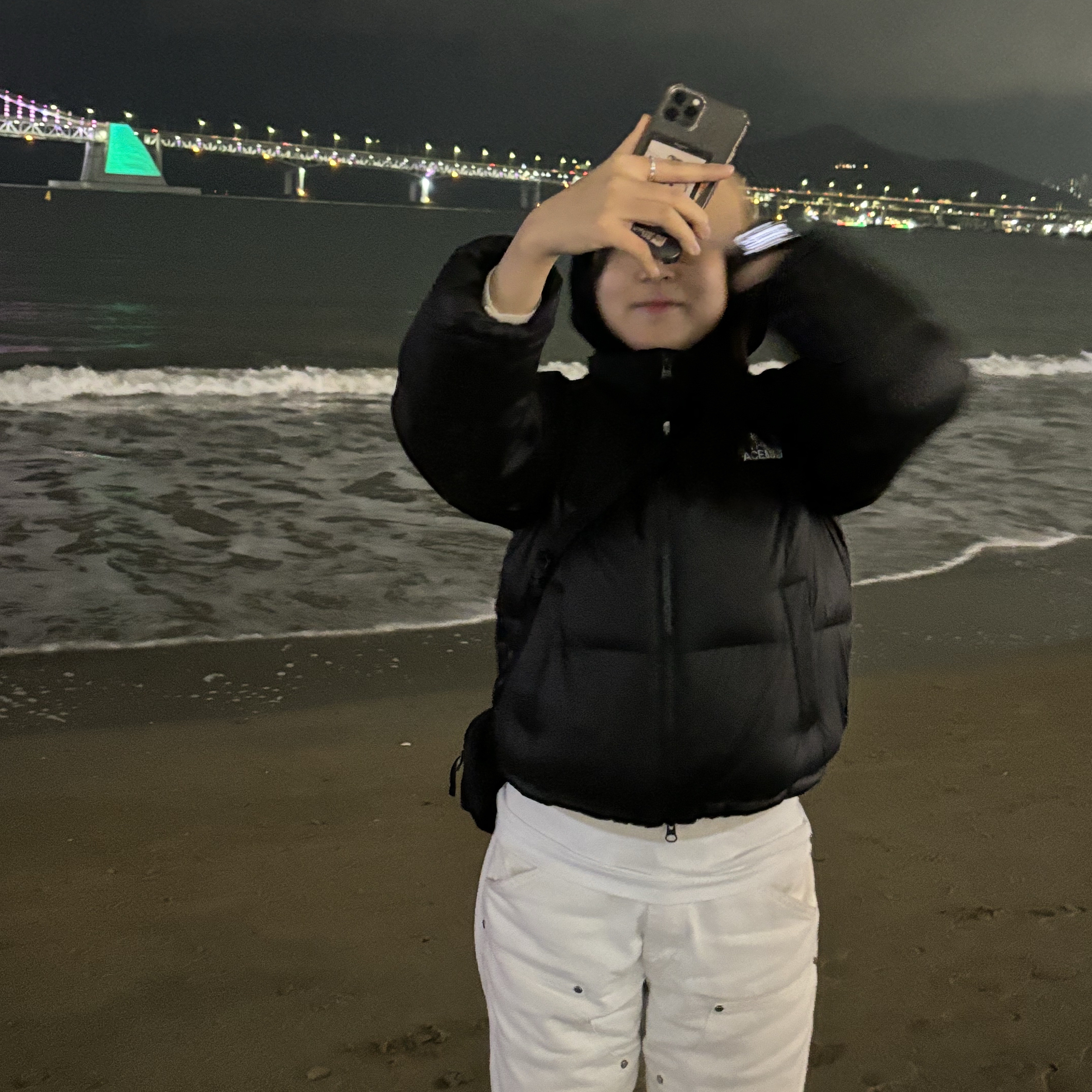 (W) The North Face White Label Novelty Nuptse Down Jacket Black 착용 스타일